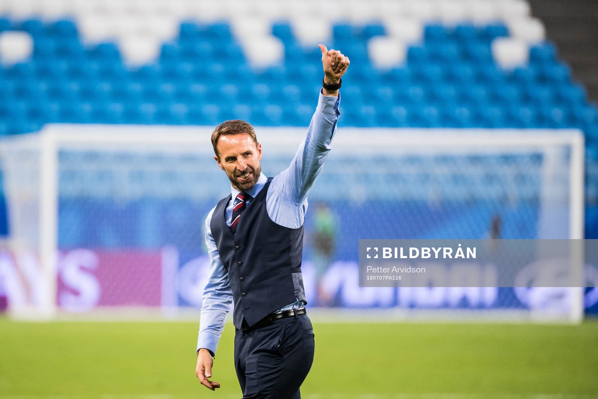 Head coach Gareth Southgate of England celebrates after the FIFA World Cup quarter final match between Sweden and England on July 7, 2018 in Samara.
