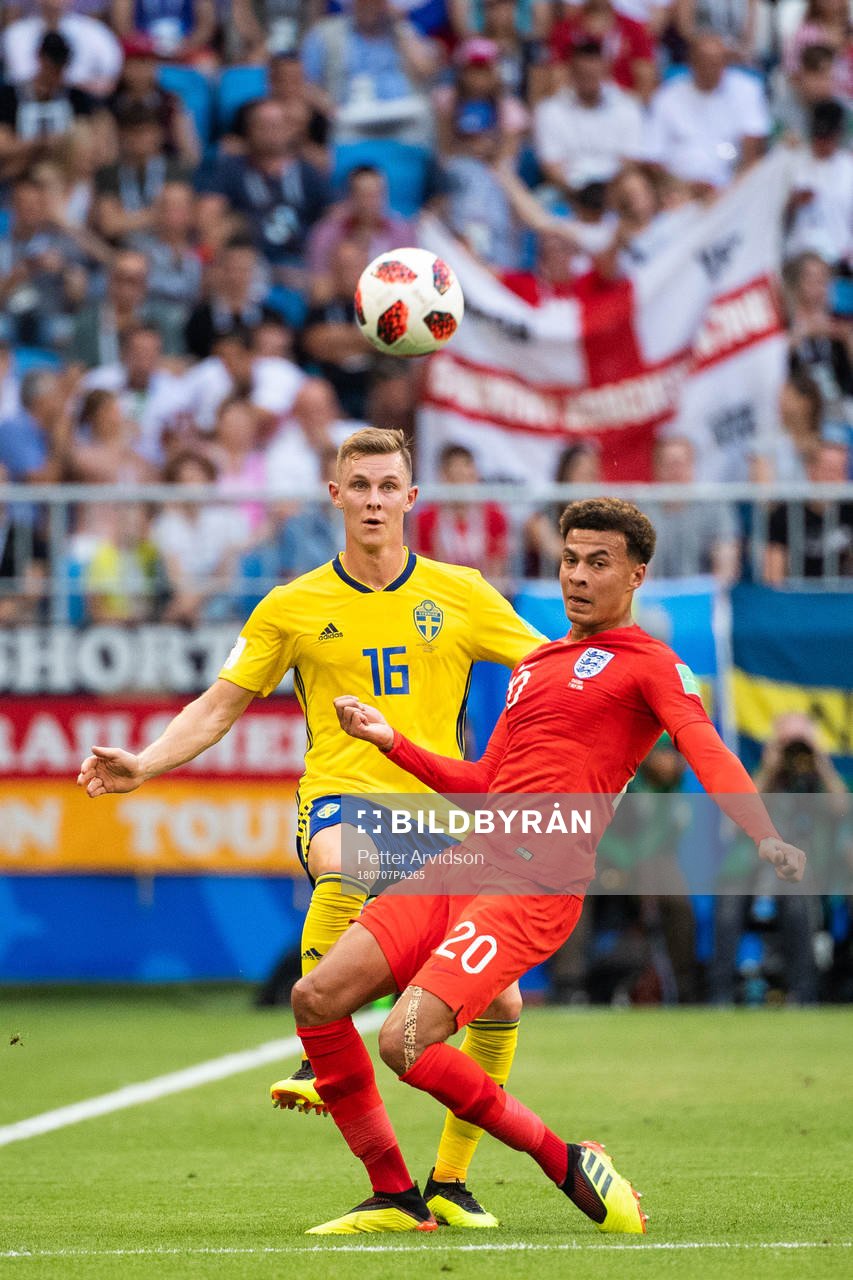 Emil Krafth of Sweden and Dele Alli of England