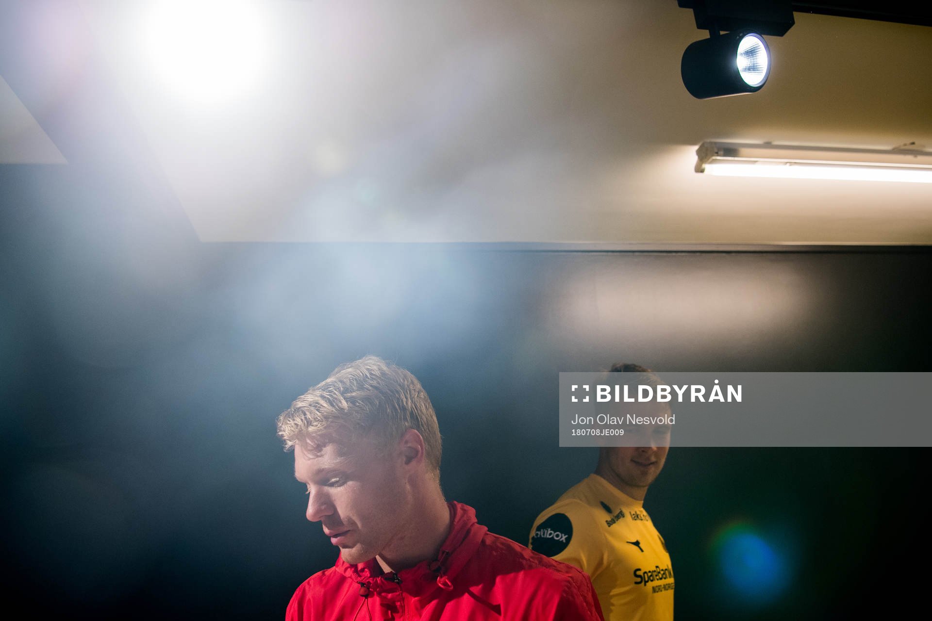 Sivert Heltne Nilsen of Brann Kristian Fardal Opseth of Bodø/Glimt in the mixed zone after the Eliteserien match between Bodø/Glimt and Brann on July 8, 2018 in Bodø.