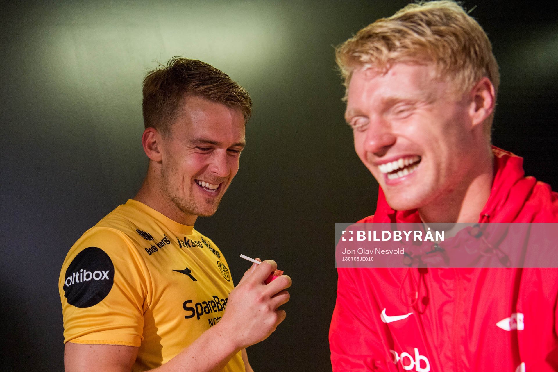 Kristian Fardal Opseth of Bodø/Glimt and Sivert Heltne Nilsen of Brann in the mixed zone after the Eliteserien match between Bodø/Glimt and Brann on July 8, 2018 in Bodø.