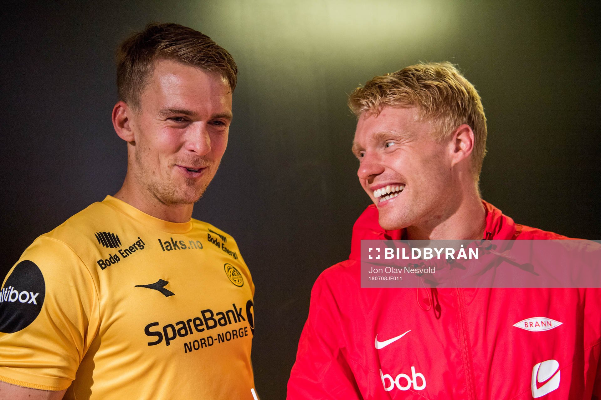 Kristian Fardal Opseth of Bodø/Glimt and Sivert Heltne Nilsen of Brann in the mixed zone after the Eliteserien match between Bodø/Glimt and Brann on July 8, 2018 in Bodø.