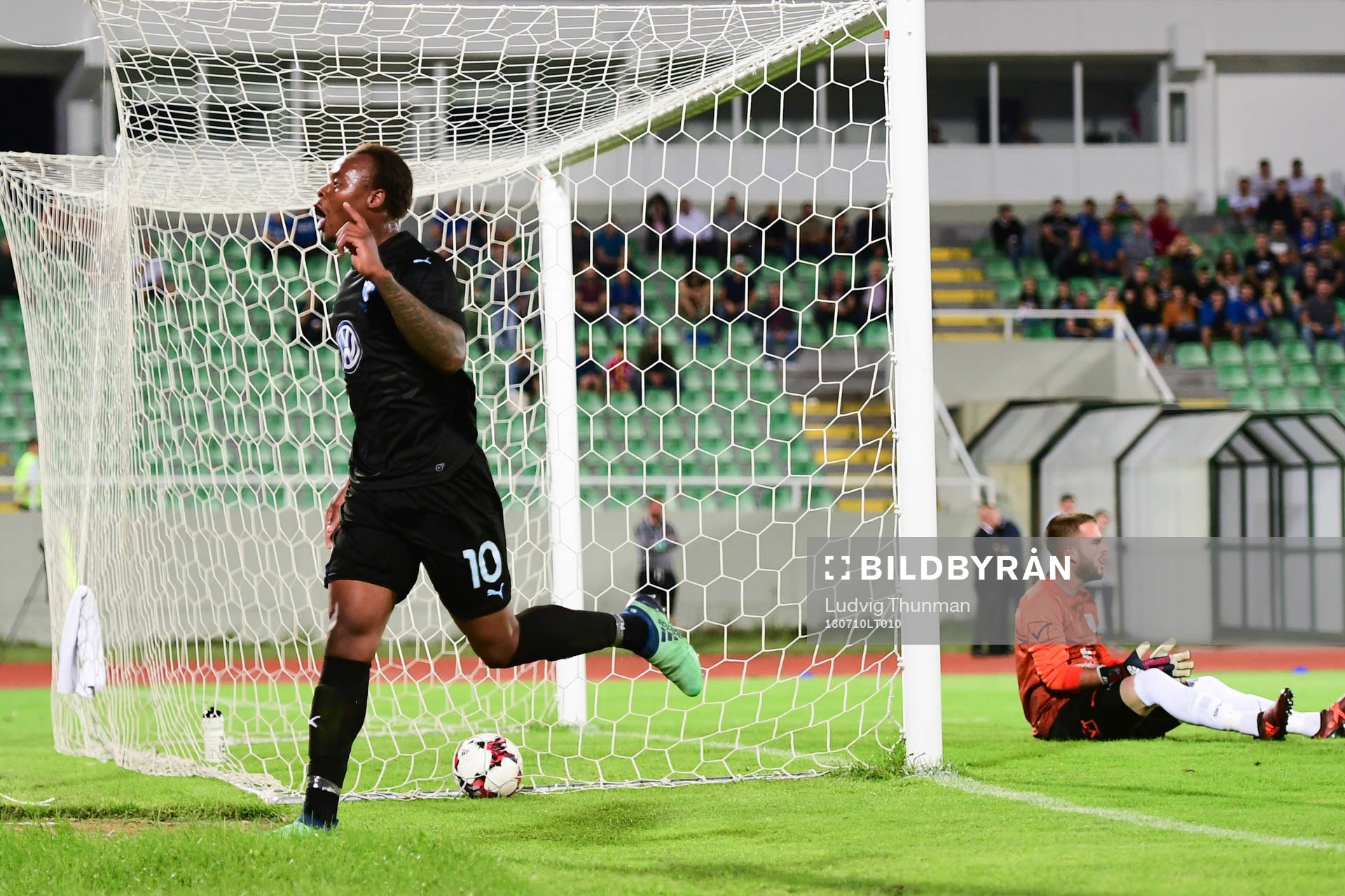 Carlos Strandberg of Malmö FF celebrates scoring 0-1