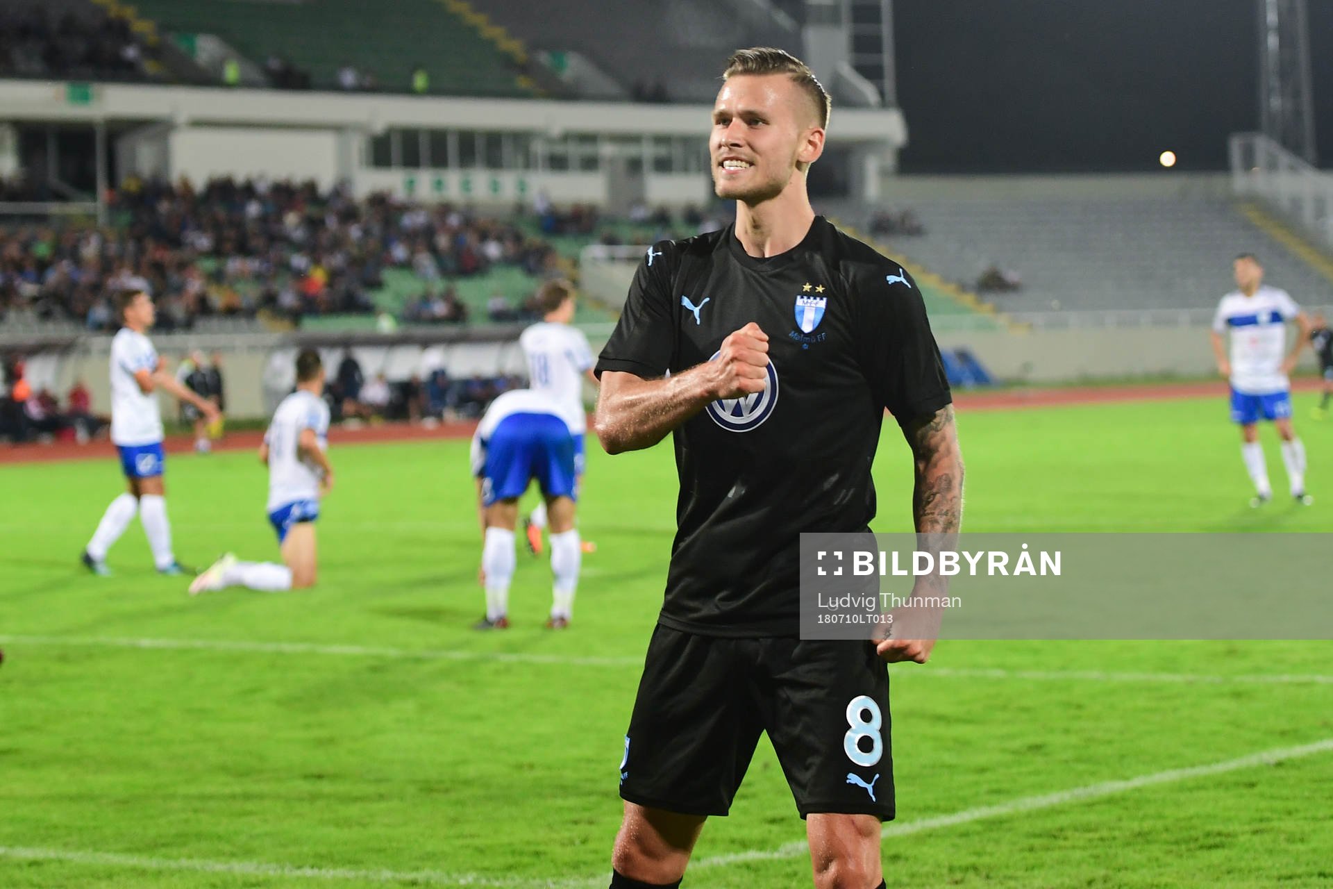 Arnór Ingvi Traustason of Malmö FF celebrates scoring 0-2 during the UEFA Champions League qualifying match between FC Drita and Malmö FF on July 10, 2018 in Pristina.