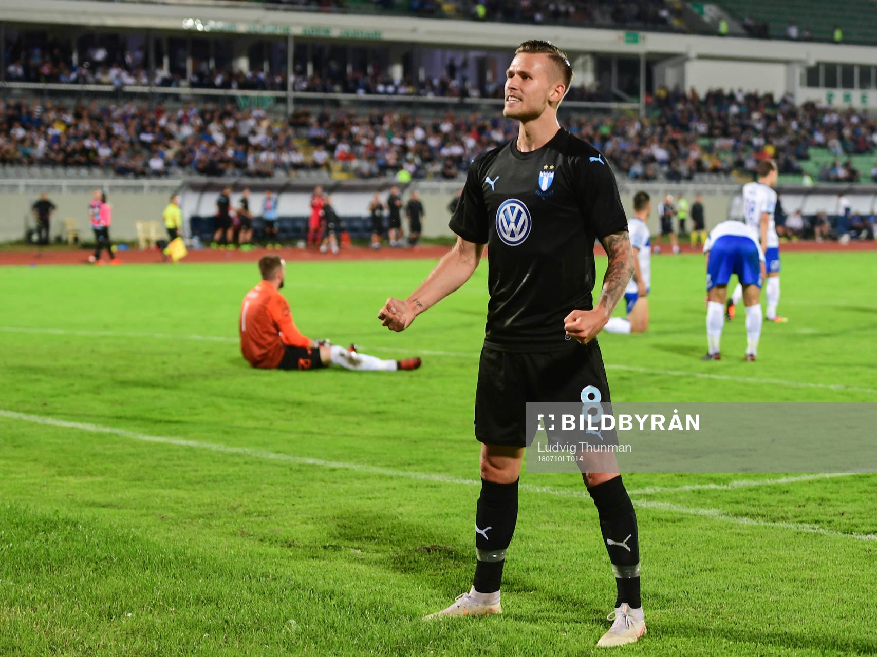 Arnór Ingvi Traustason of Malmö FF celebrates scoring 0-2 during the UEFA Champions League qualifying match between FC Drita and Malmö FF on July 10, 2018 in Pristina.