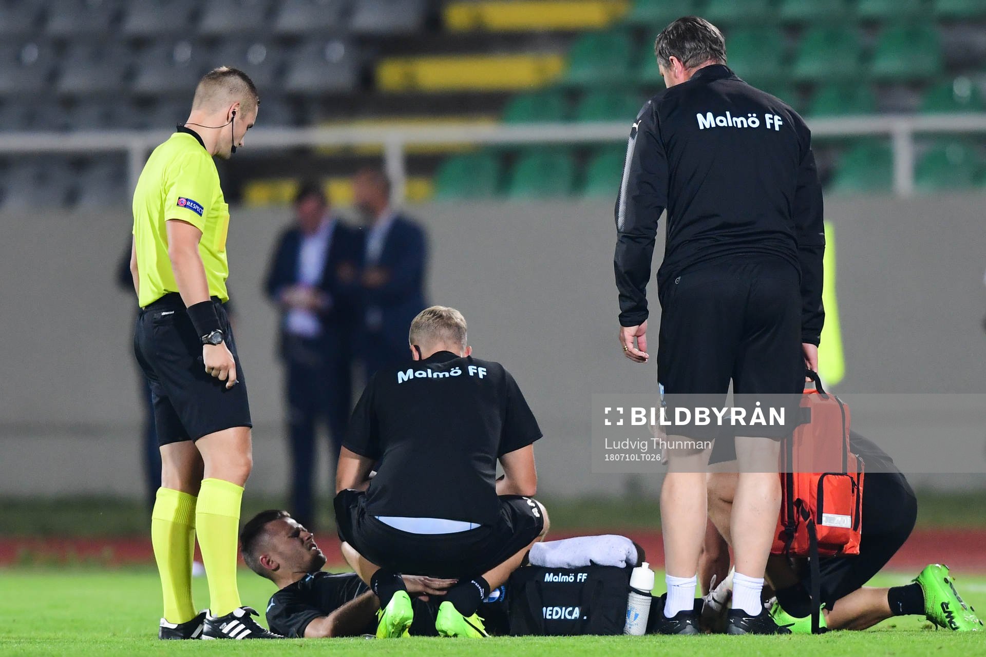 Arnór Ingvi Traustason of Malmö FF receives treatment