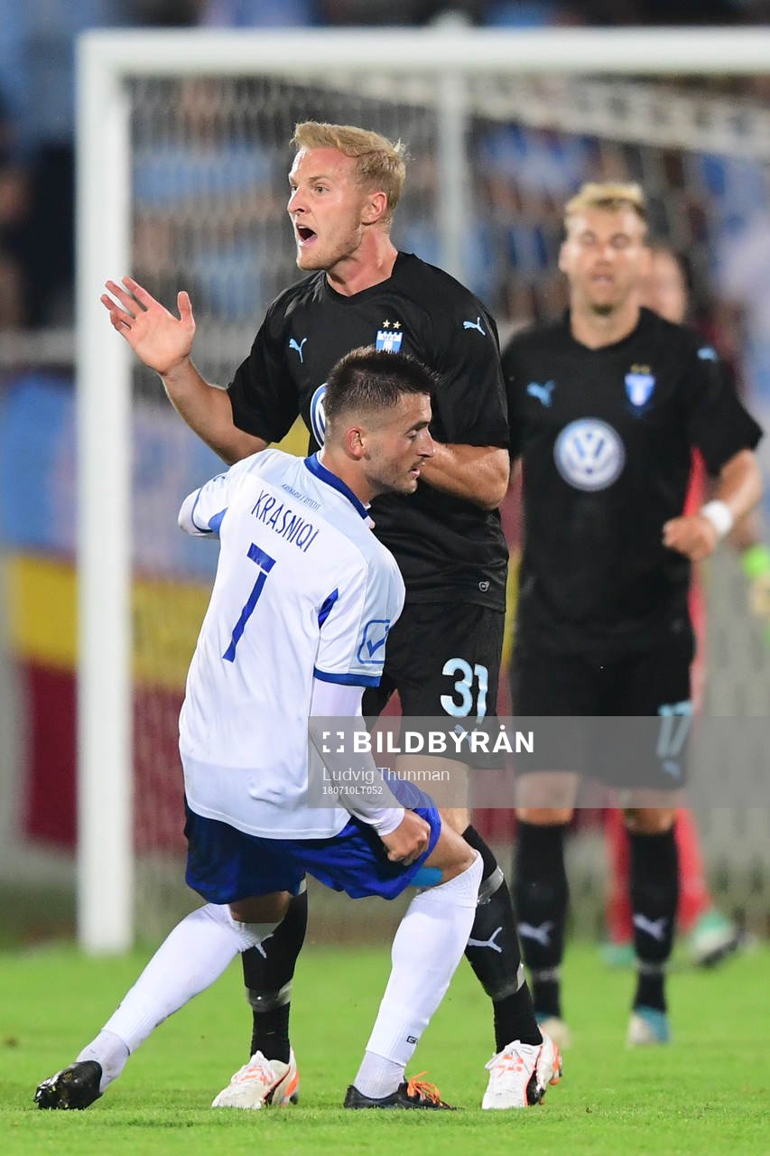 Franz Brorsson of Malmö FF reacts towards the referee in