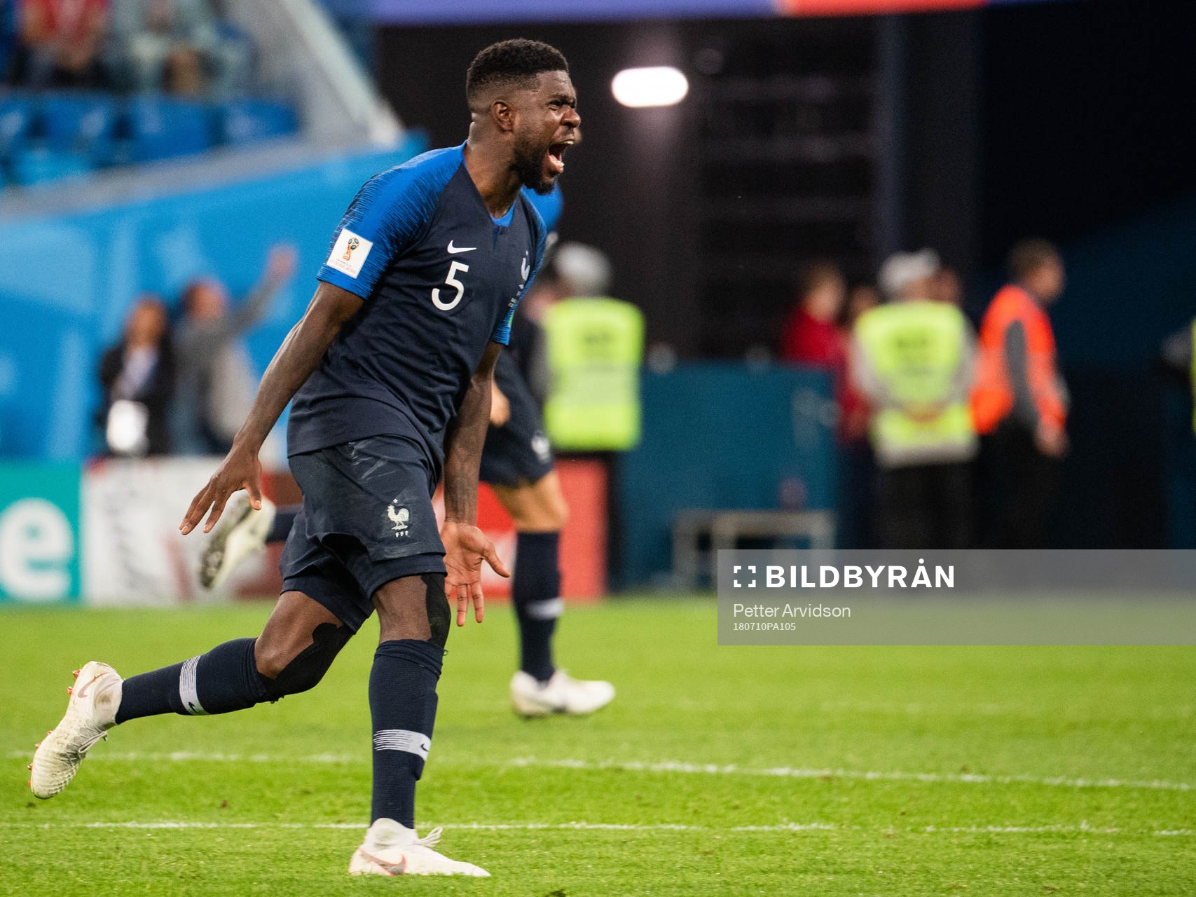 Samuel Umtiti of France celebrate after winning the FIFA World Cup semi final match between France and Belgium on July 10, 2018 in ST Petersburg.