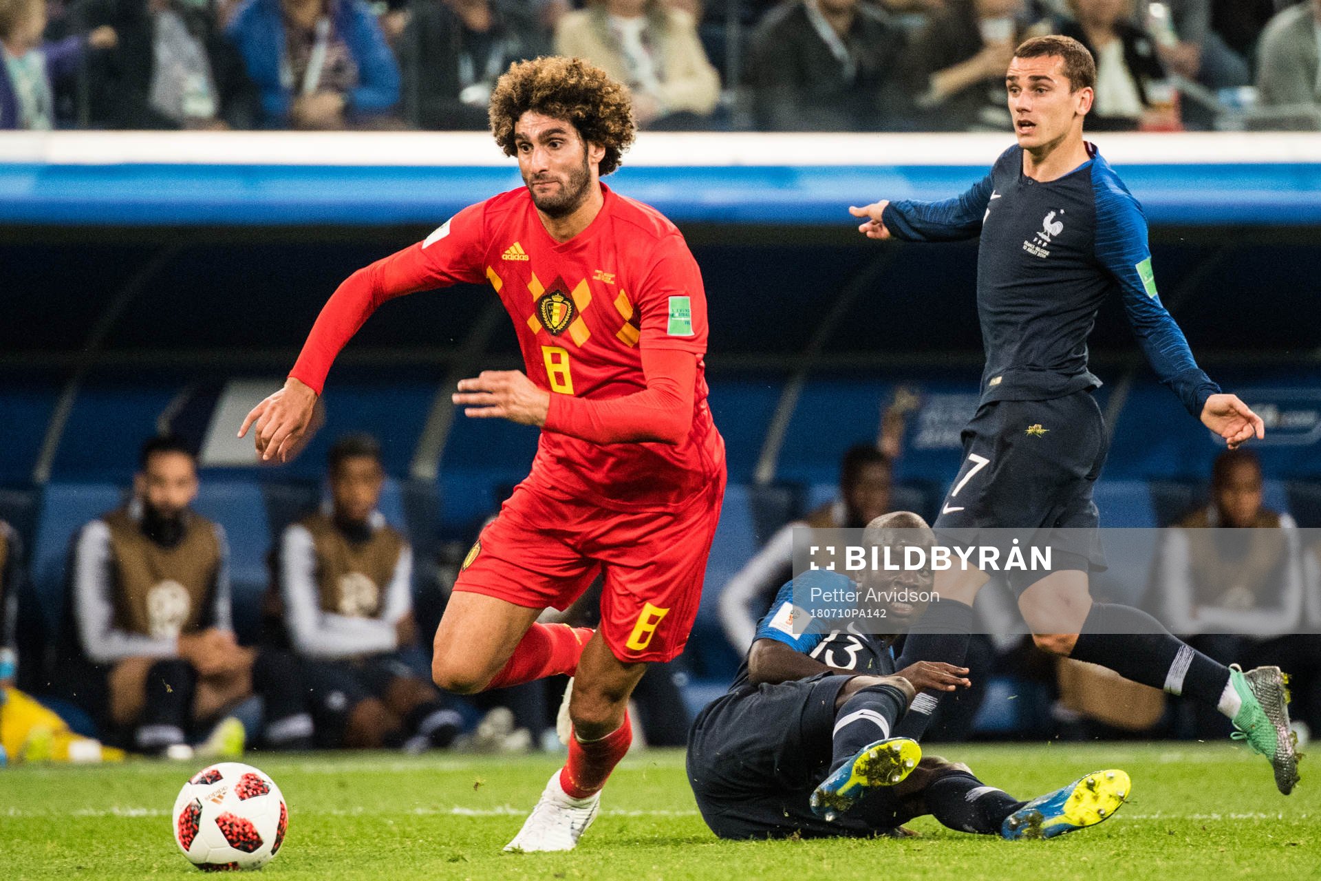 Marouane Fellaini of Belgium and Ngolo Kante of France