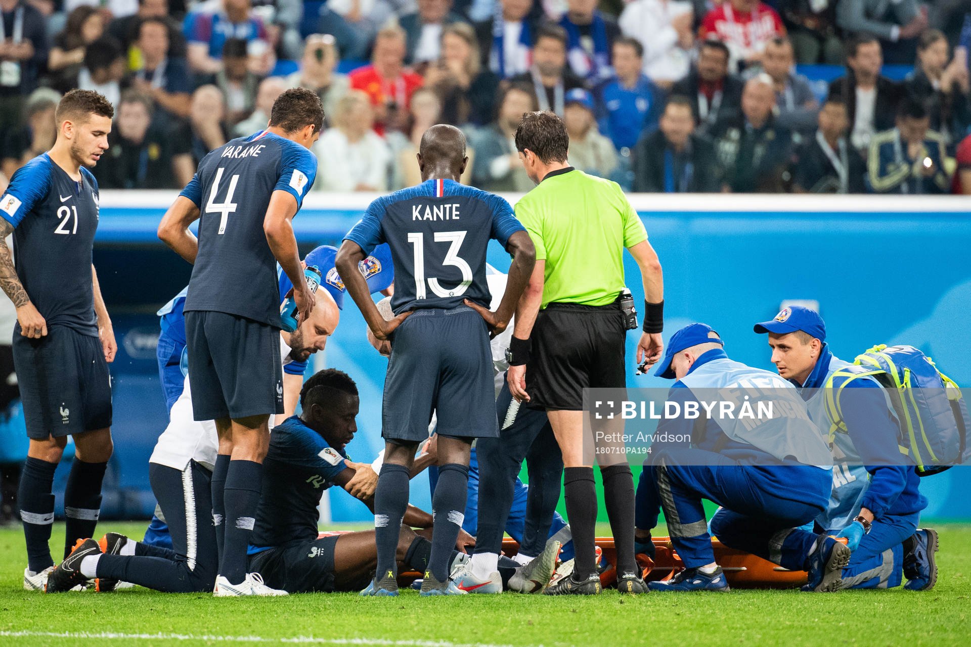 Blaise Matuidi of France and Eden Hazard of Belgium lies