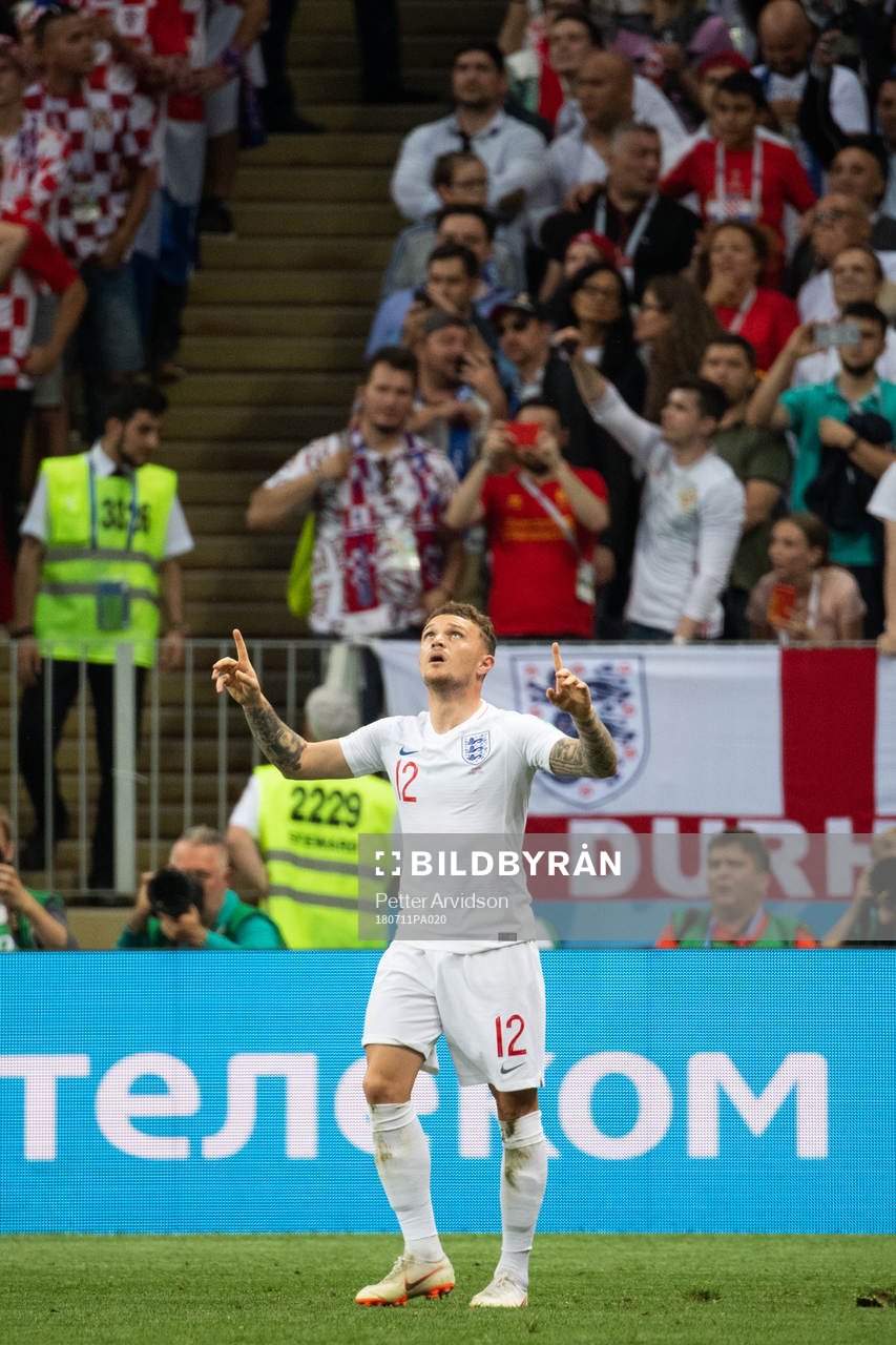 Kieran Trippier of England celebrates scoring 0-1 during the FIFA World Cup semi final match between Croatia and England on July 11, 2018 in Moscow.