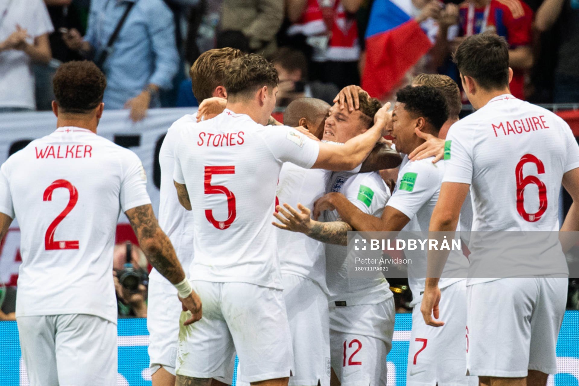 Kieran Trippier of England celebrates with team mates after scoring 0-1 during the FIFA World Cup semi final match between Croatia and England on July 11, 2018 in Moscow.