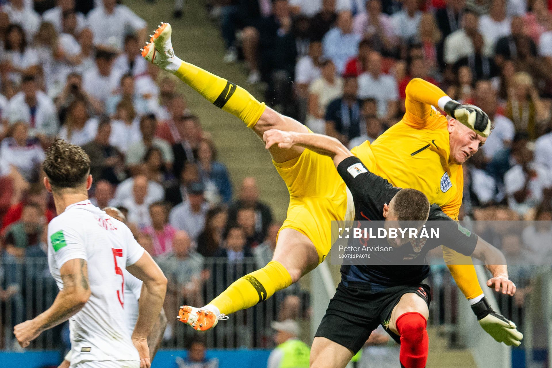 goalkeeper Jordan Pickford of England collides with Ante