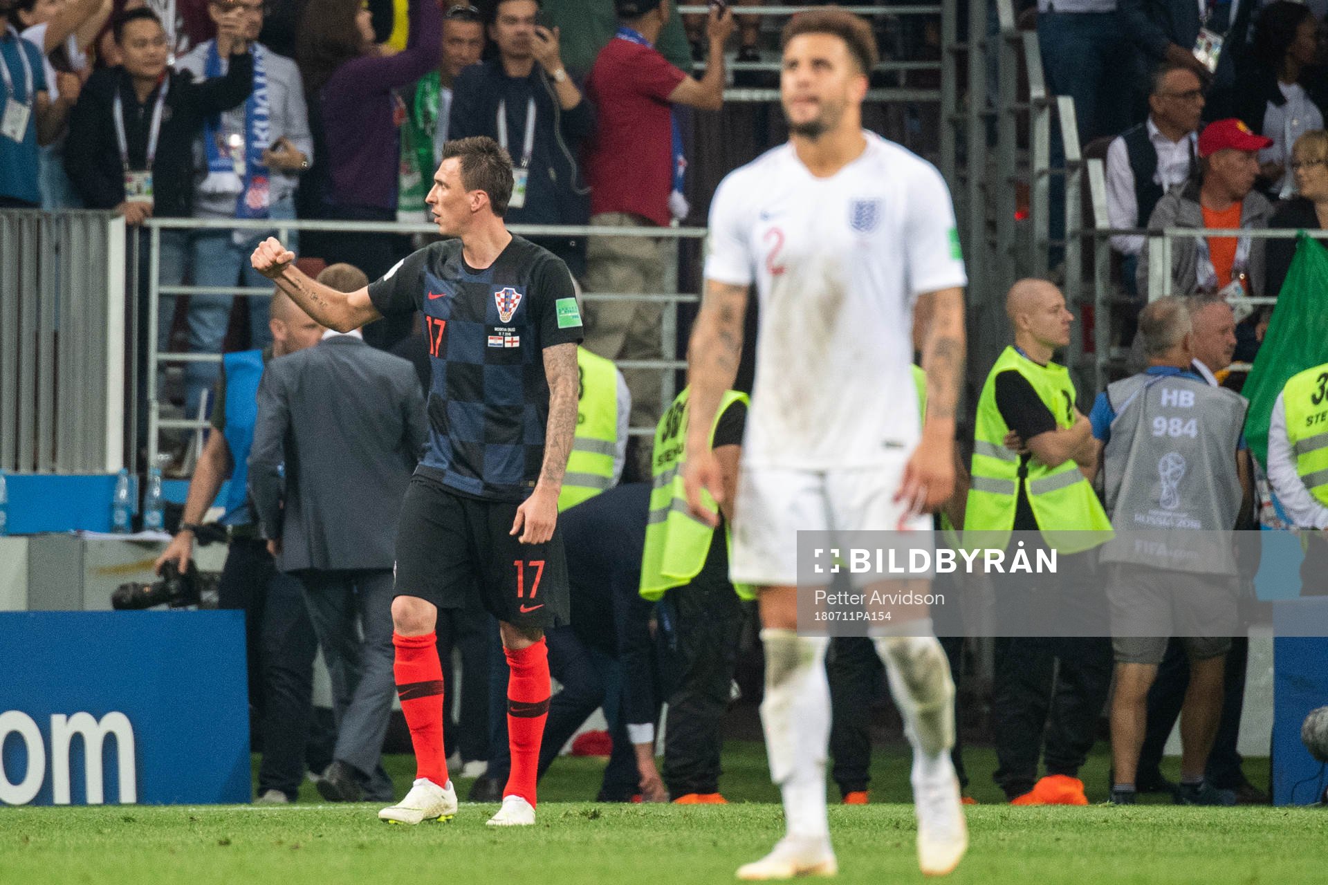 Mario Mandzukic of Croatia celebrates after scoring 2-1 in extra time during the FIFA World Cup semi final match between Croatia and England on July 11, 2018 in Moscow.
