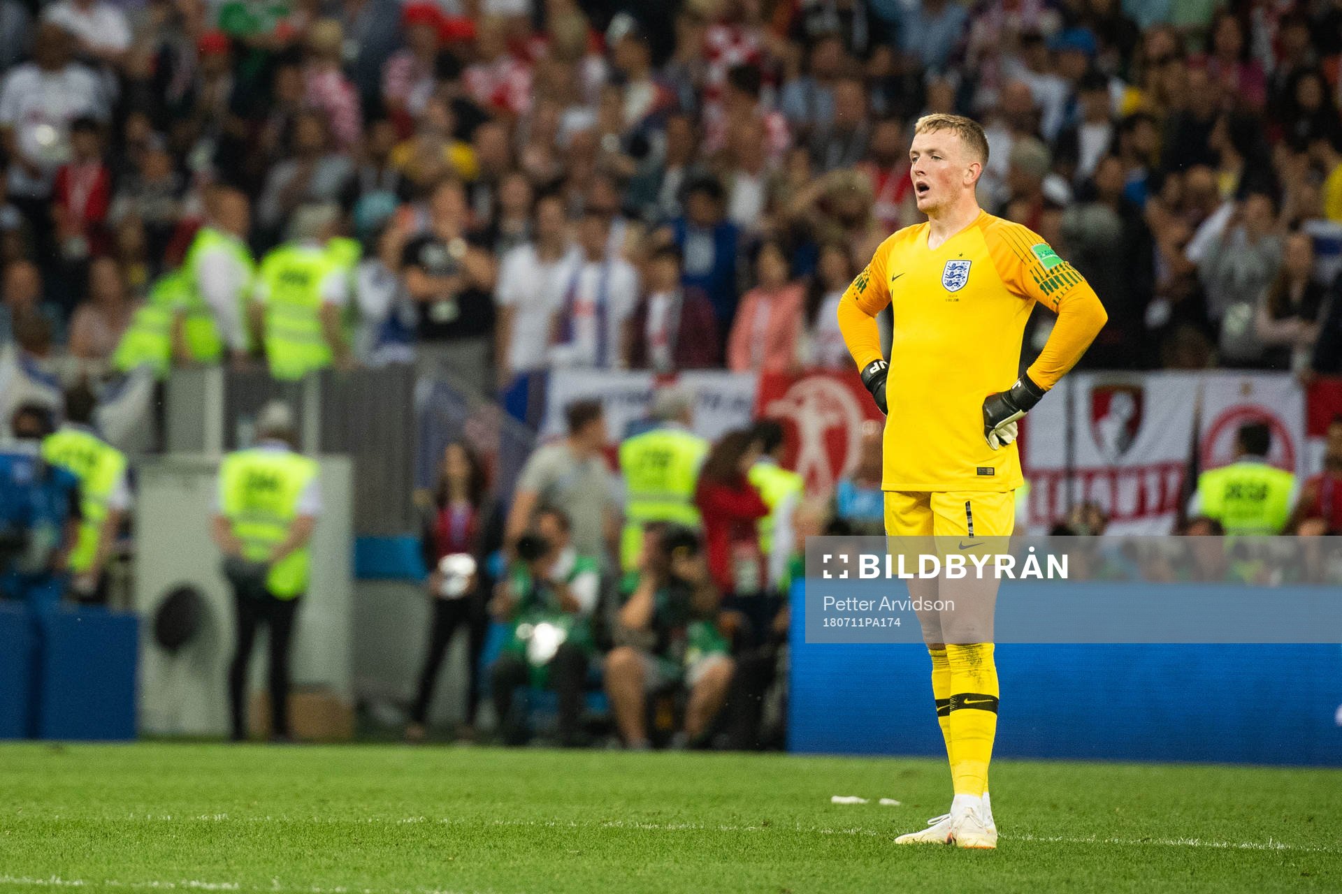 Goalkeeper Jordan Pickford of England looks dejected