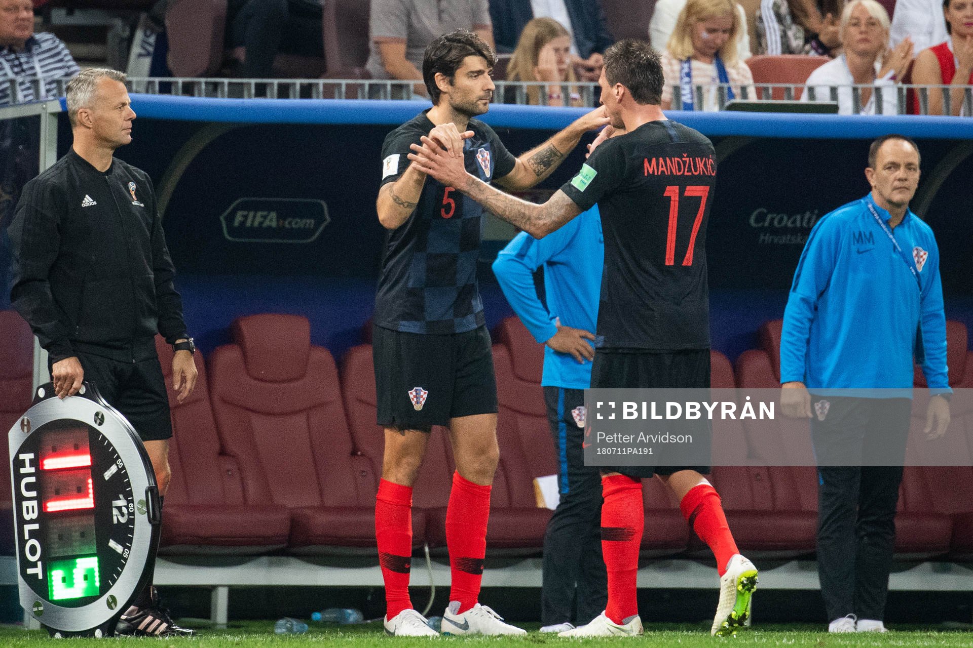 Mario Mandzukic is substituted for Vedran Corluka of Croatia during the FIFA World Cup semi final match between Croatia and England on July 11, 2018 in Moscow.