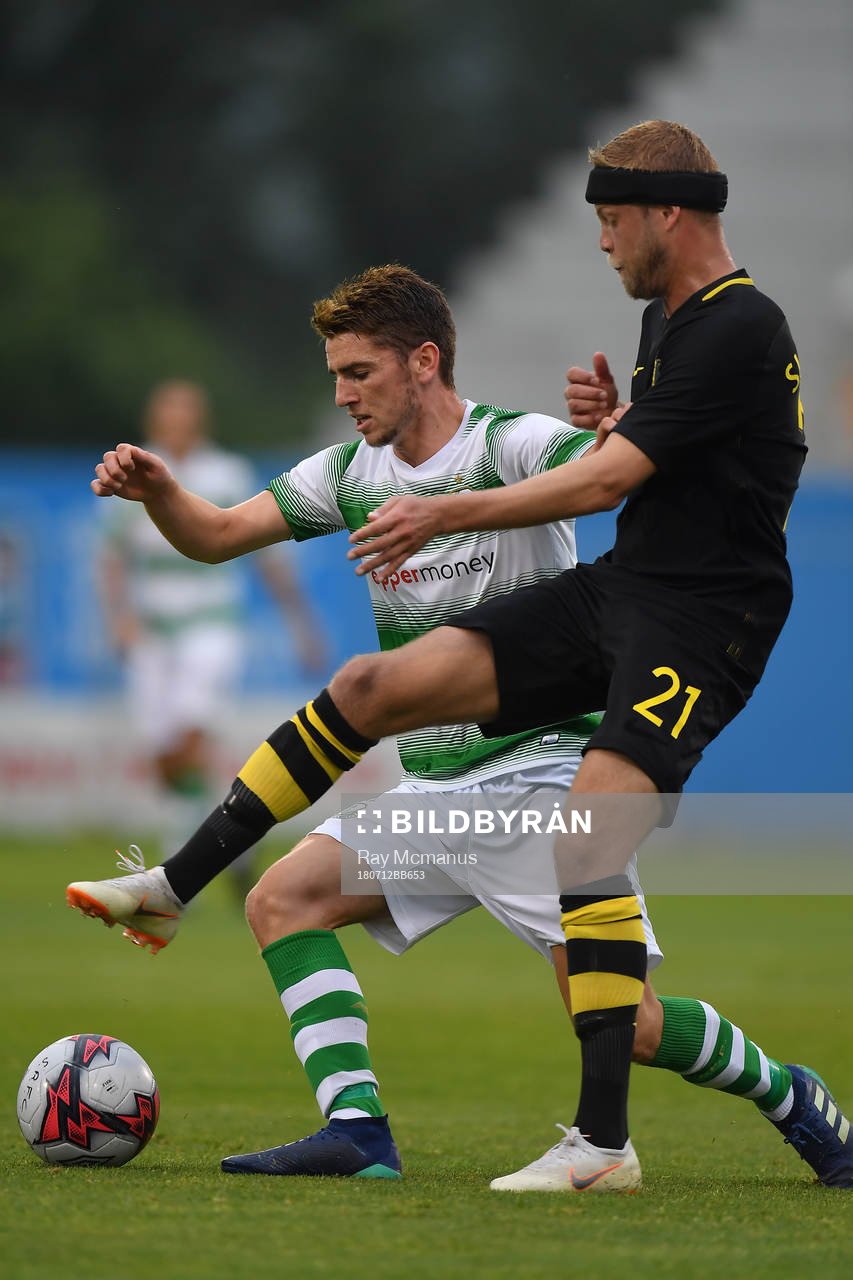 Dylan Watts of Shamrock Rovers in action against Daniel Sundgren of AIK during the UEFA Europa League 1st Qualifying Round First Leg match between Shamrock Rovers and AIK on July 12, 2018 in Dublin.