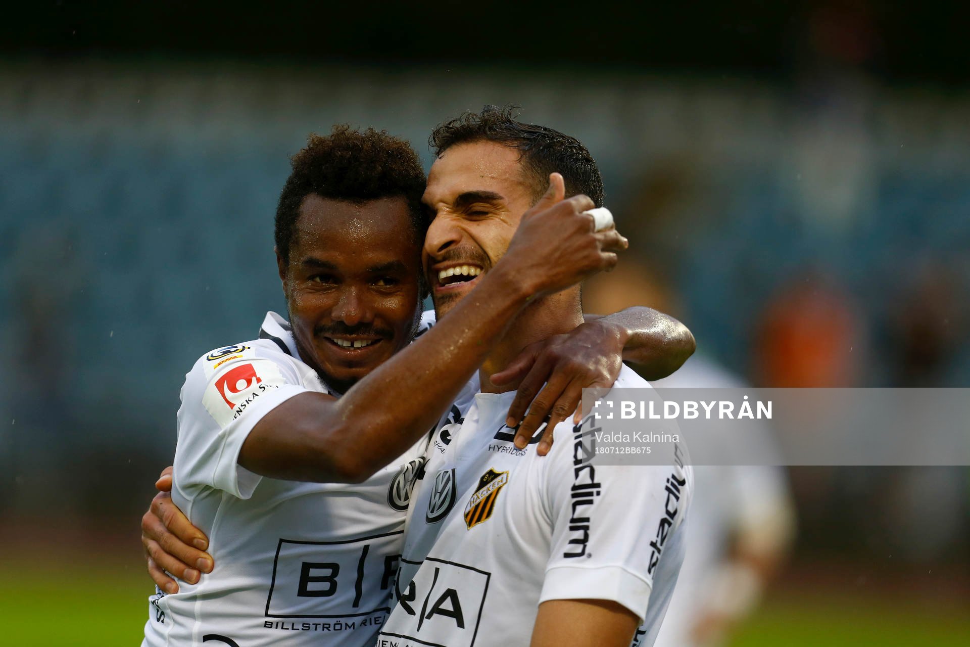 Häckens Mervan Celik celebrates with Nasiry Mohammed after scoring a goal during the UEFA Europa League qualifying match between Liepaja vs Häcken on 12th of July 2018 in Liepaja, Latvia