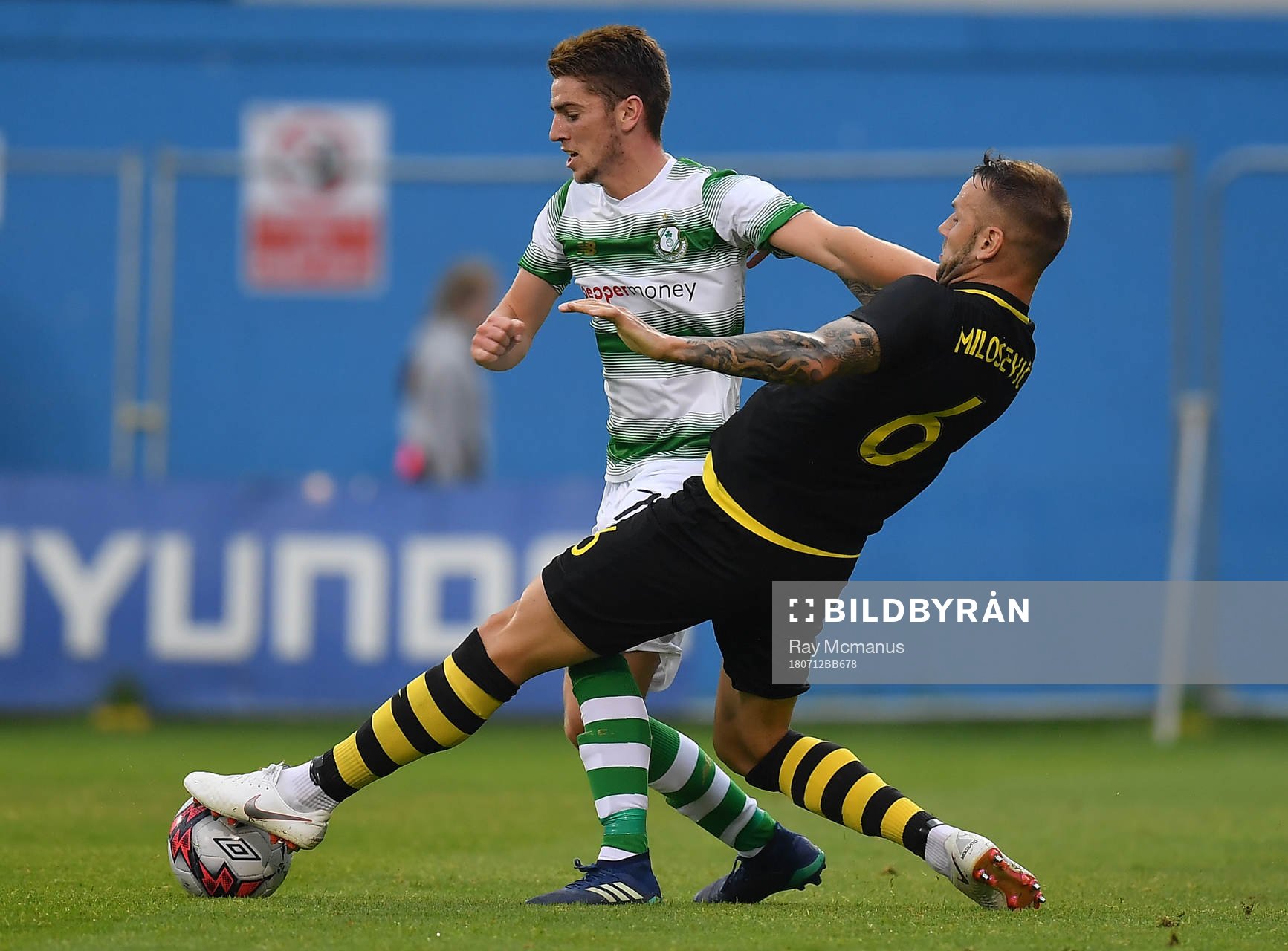 Dylan Watts of Shamrock Rovers in action against Alexander Milosevic of AIK during the UEFA Europa League 1st Qualifying Round First Leg match between Shamrock Rovers and AIK on July 12, 2018 in Dublin.