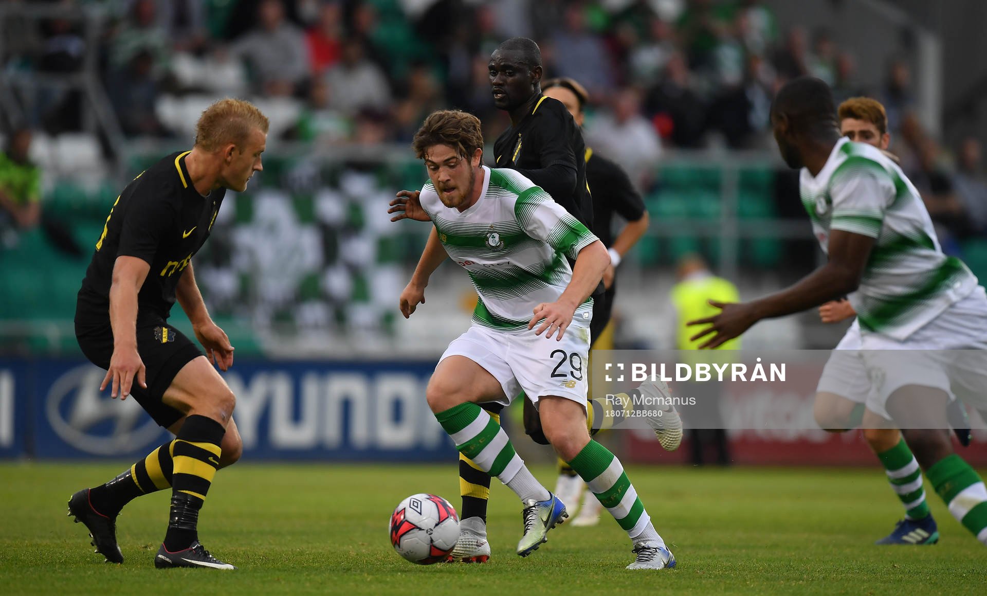 Sam Bone of Shamrock Rovers in action against Robin Jansson