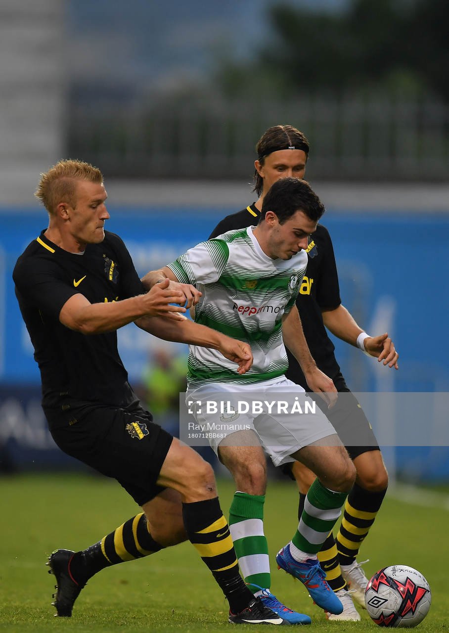 Joel Coustrain of Shamrock Rovers in action against Robin