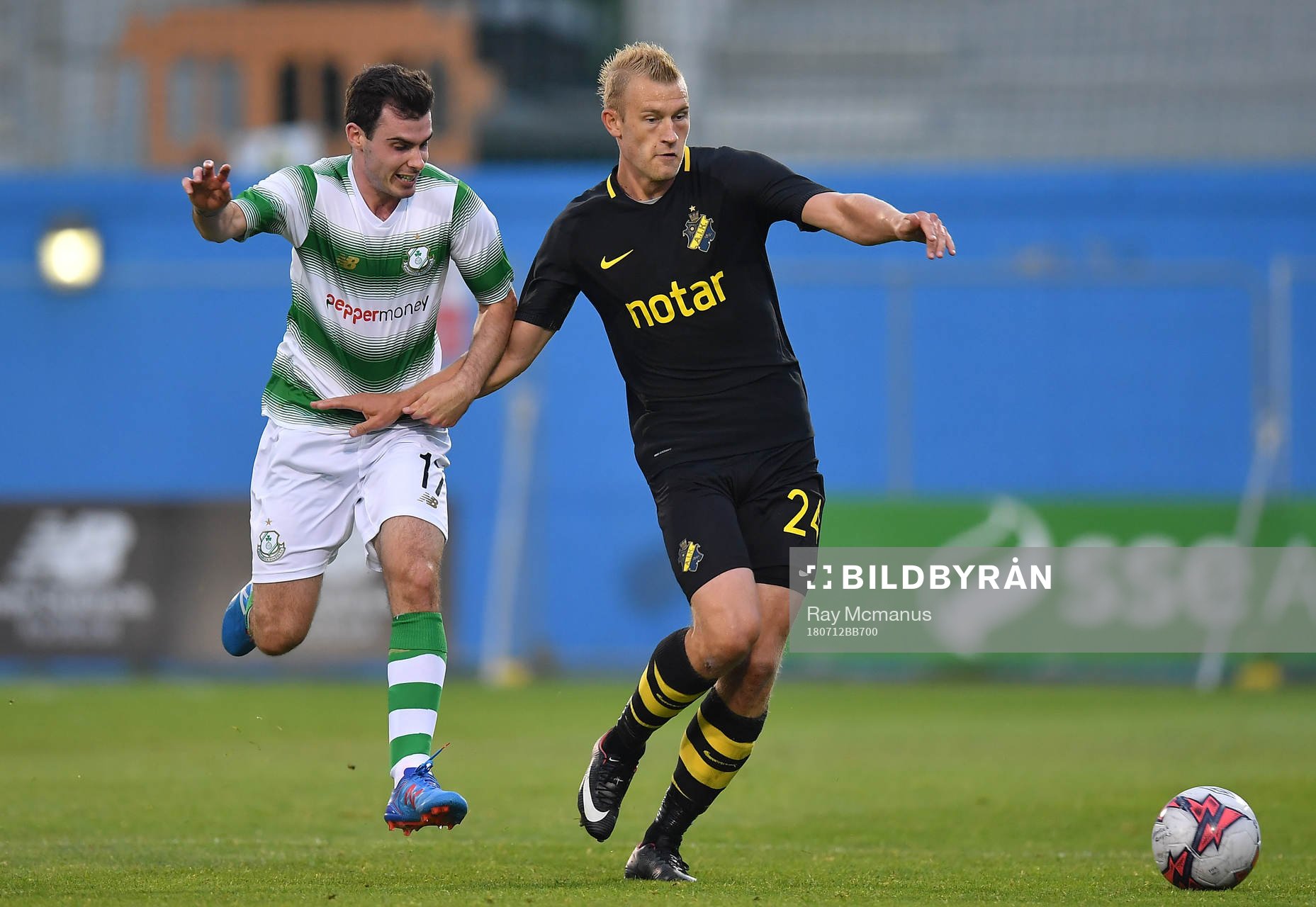 Joel Coustrain of Shamrock Rovers in action against Robin