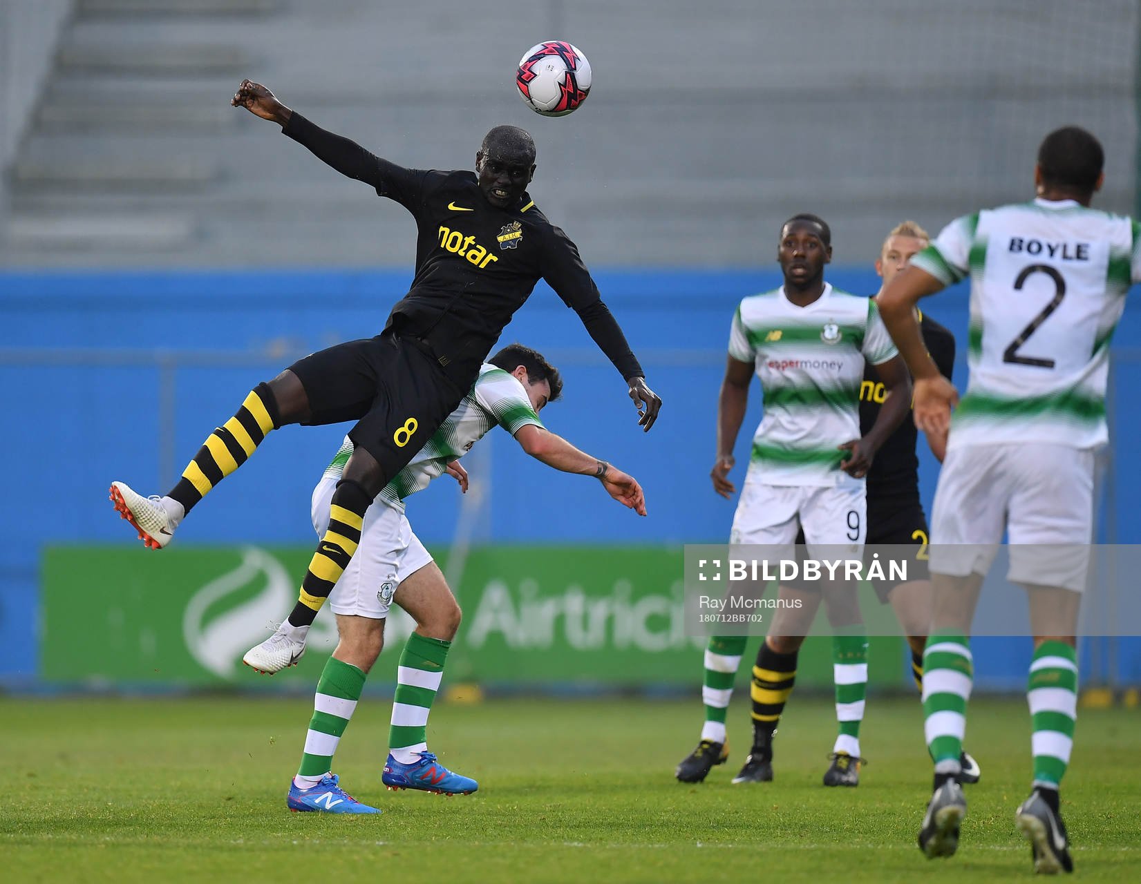 Enoch Kofi Adu of AIK in action against Dylan Watts of Shamrock Rovers during the UEFA Europa League 1st Qualifying Round First Leg match between Shamrock Rovers and AIK on July 12, 2018 in Dublin.