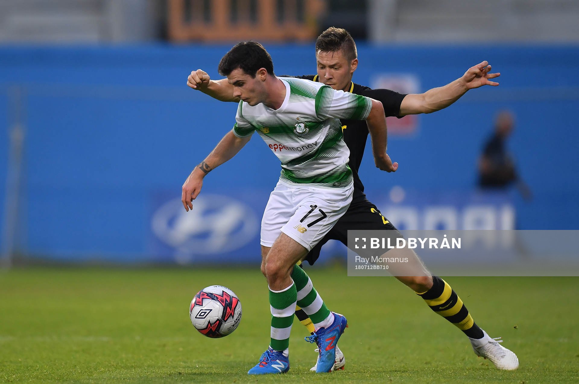 Joel Coustrain of Shamrock Rovers in action against Haukur