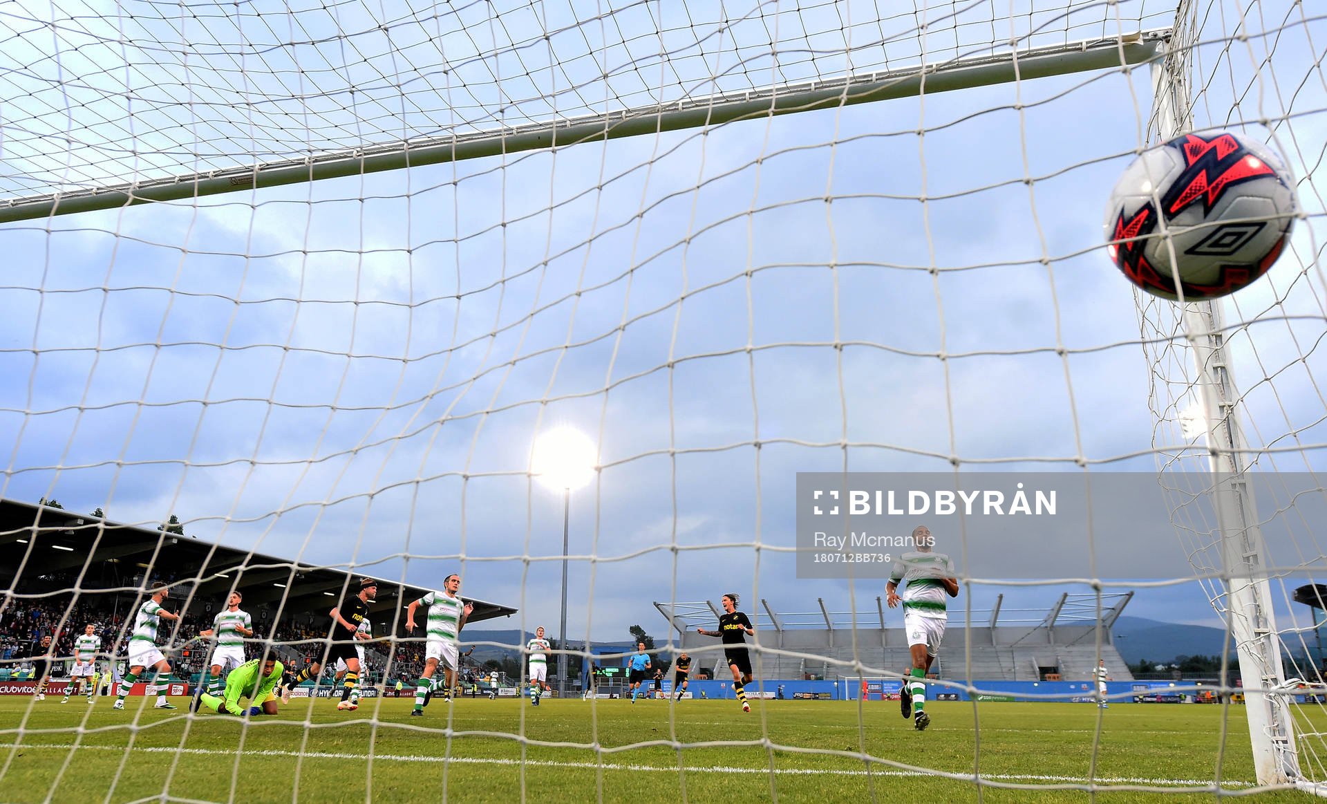Daniel Sundgren of AIK, 5th from right, scores his side's only goal during the UEFA Europa League 1st Qualifying Round First Leg match between Shamrock Rovers and AIK on July 12, 2018 in Dublin.