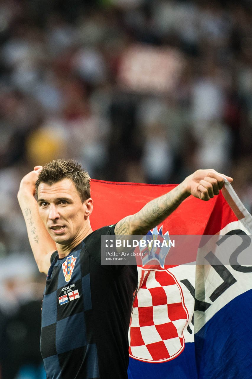 Mario Mandzukic celebrates after the FIFA World Cup semi final match between Croatia and England on July 12, 2018 in Moscow.
