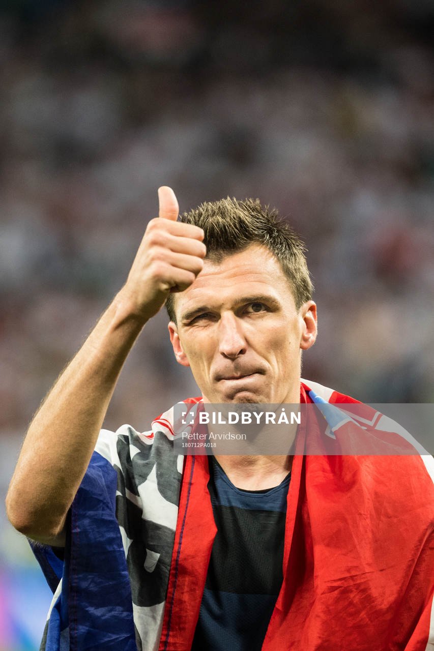Mario Mandzukic celebrates after the FIFA World Cup semi final match between Croatia and England on July 12, 2018 in Moscow.