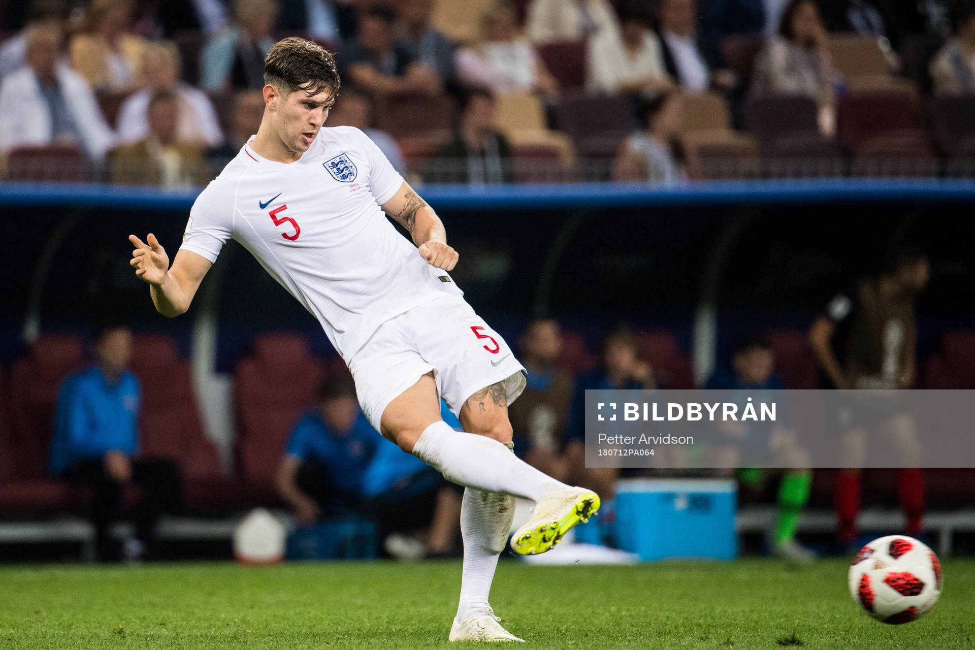 John Stones of England during the FIFA World Cup semi final match between Croatia and England on July 12, 2018 in Moscow.