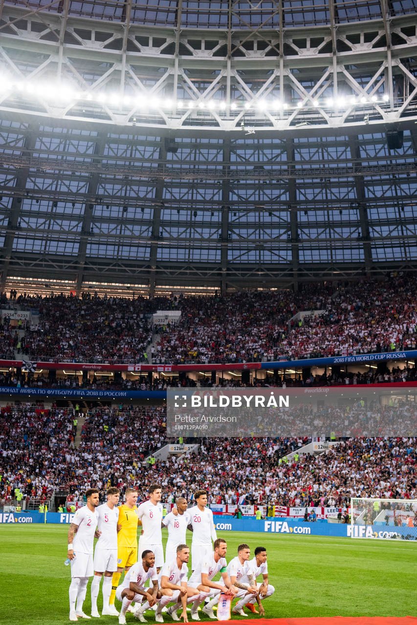 Starting eleven of England Kyle Walker, John Stones, goalkeeper Jordan Pickford, Harry Maguire, Ashley Young, Dele Alli, Raheem Sterling, Jordan Henderson, Harry Kane, Kieran Trippier and Jesse Lingard prior the FIFA World Cup semi final match between Croatia and England on July 12, 2018 in Moscow.