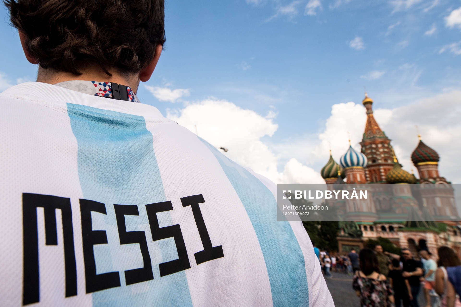 A fan of Argentina with a Messi shirt is seen at Saint