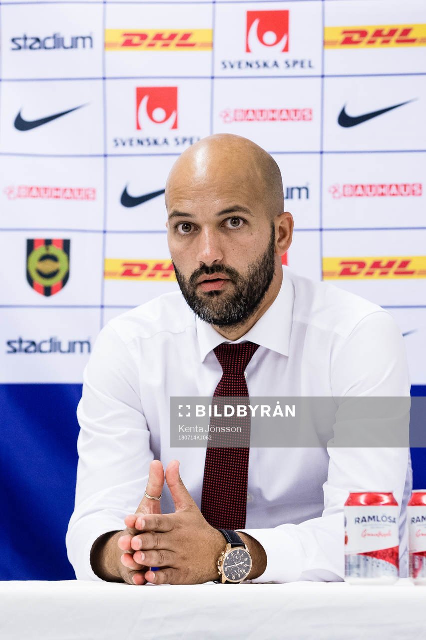 Brommapojkarnas tränare Luis Pimenta under presskonferensen efter fotbollsmatchen i Allsvenskan mellan Brommapojkarna och Sirius den 14 Juli 2018 i Stockholm.
