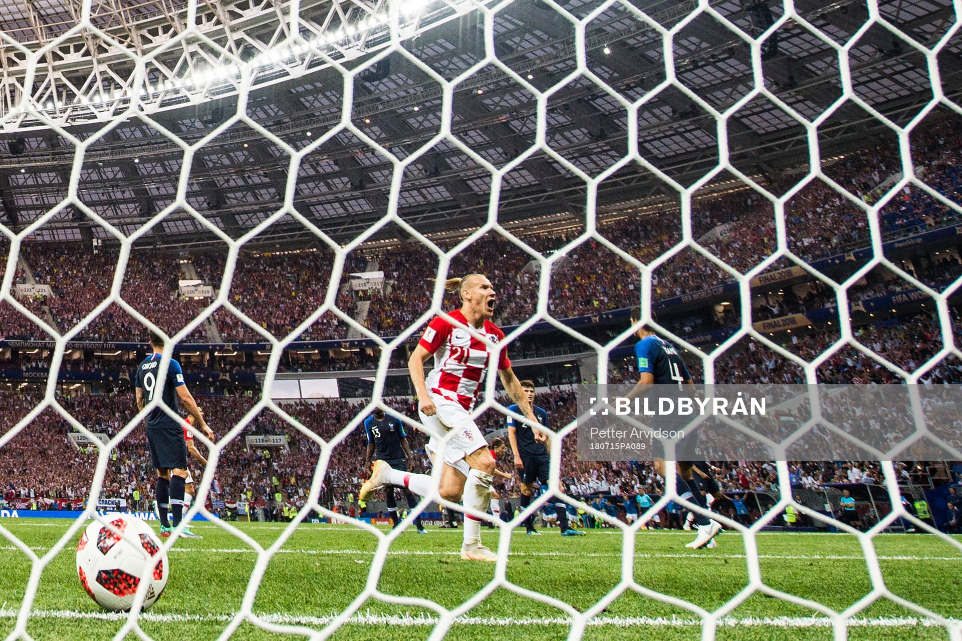 Domagoj Vida of Croatia celebrates after the 1-1 goal during the FIFA World Cup final match between France and Croatia on July 15, 2018 in Moscow.