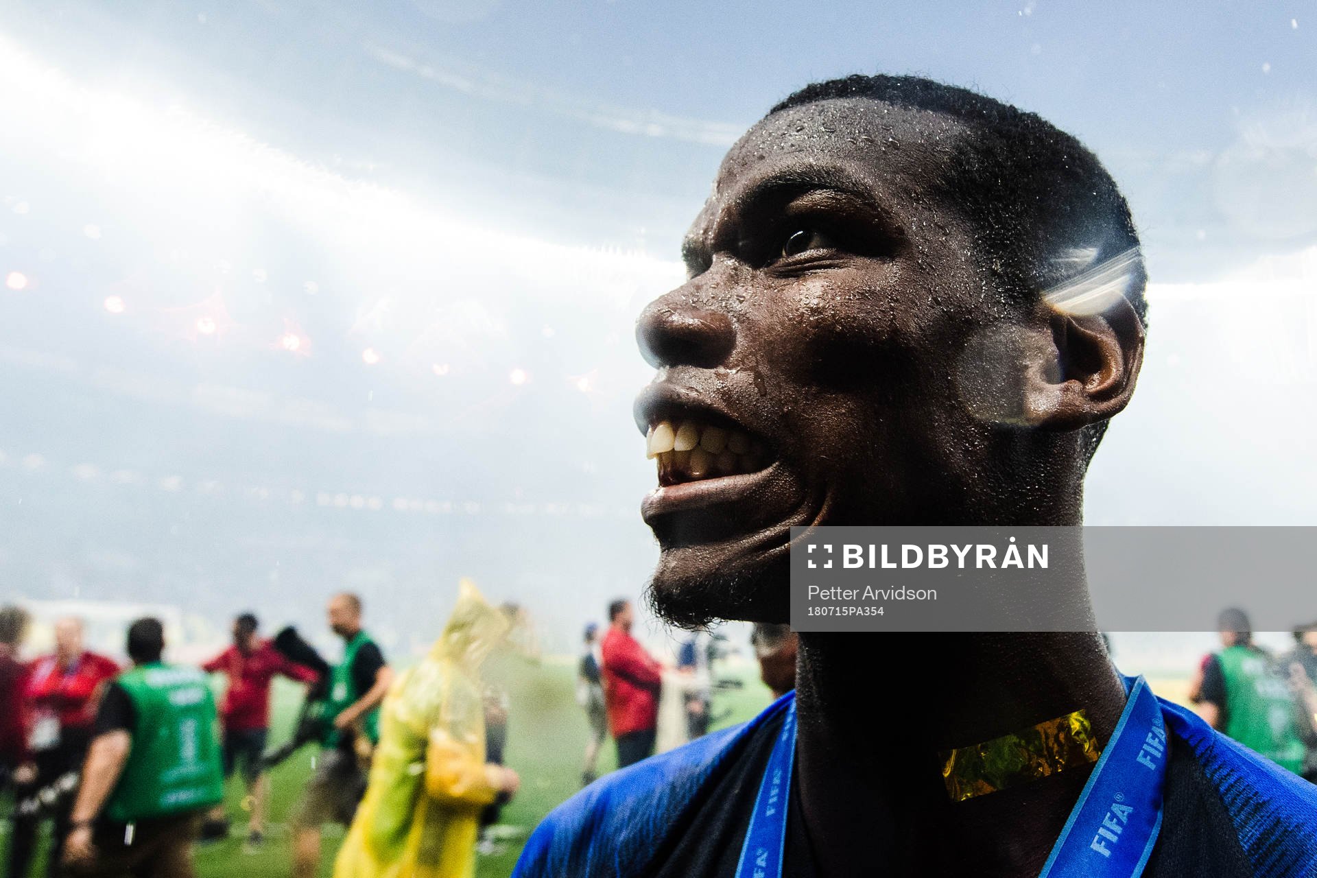 Paul Pogba of France celebrates with the gold medal around his neck after winning the FIFA World Cup final match between France and Croatia on July 15, 2018 in Moscow.
