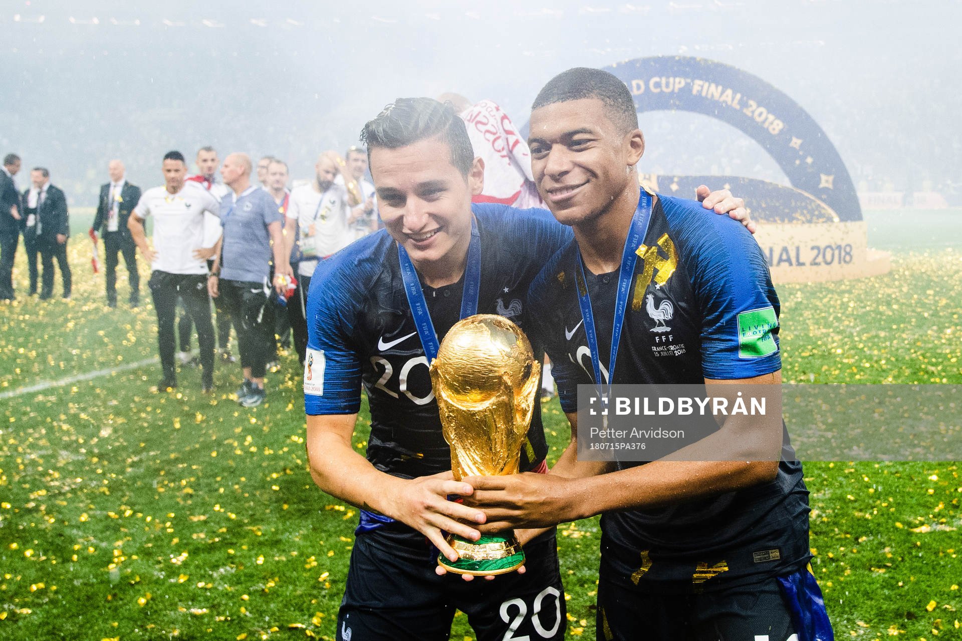 Florian Thauvin and Kylian Mbappe of France celebrates with