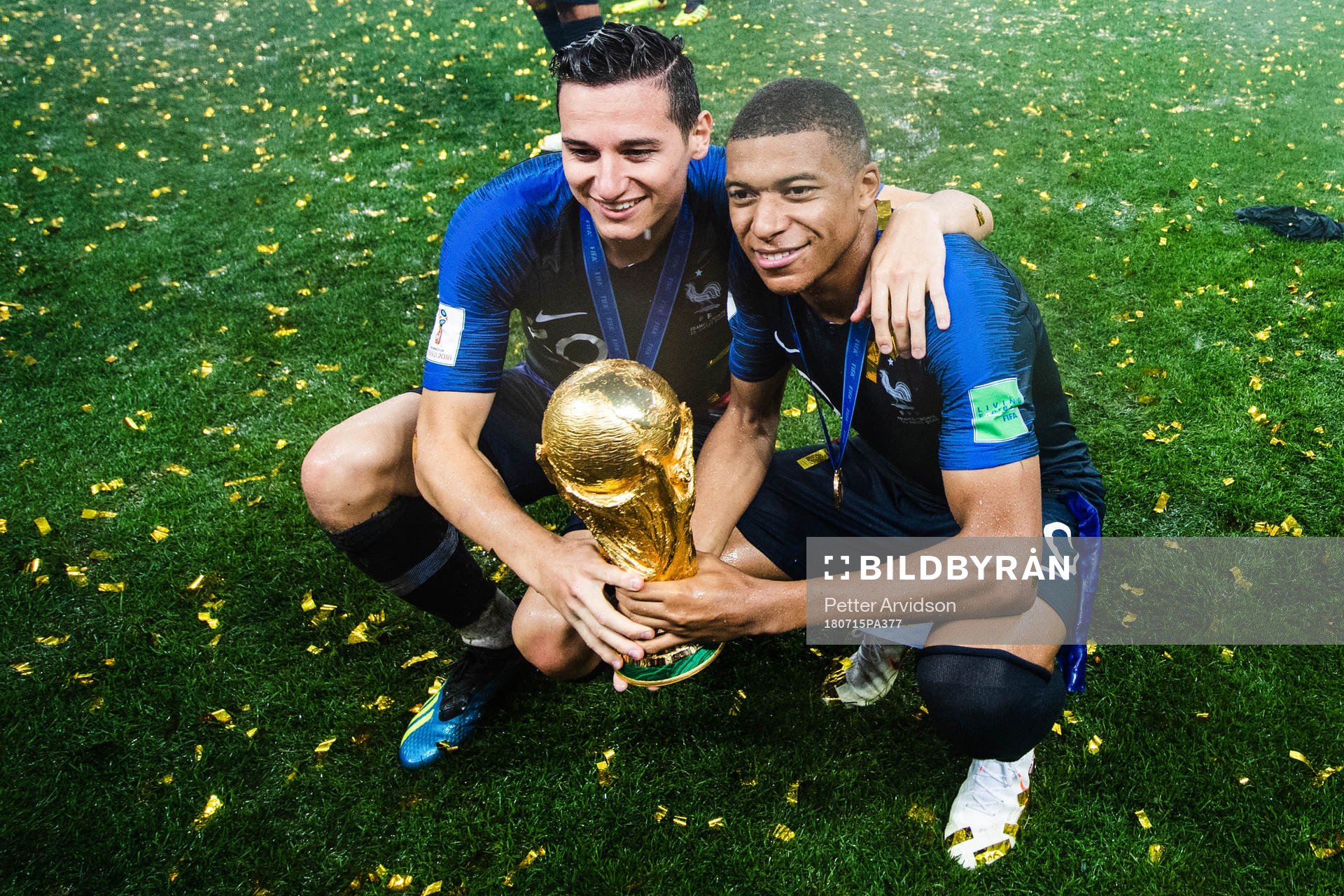 Florian Thauvin and Kylian Mbappe of France celebrates with