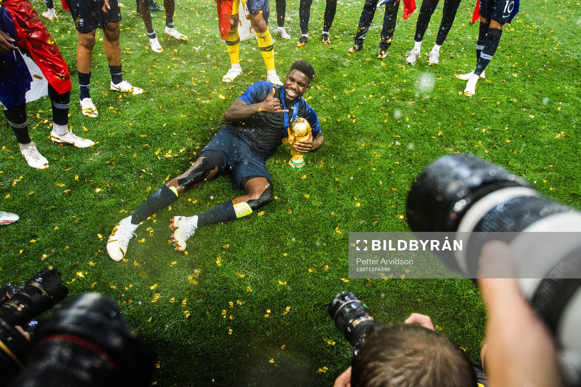 Samuel Umtiti of France celebrates with the trophy