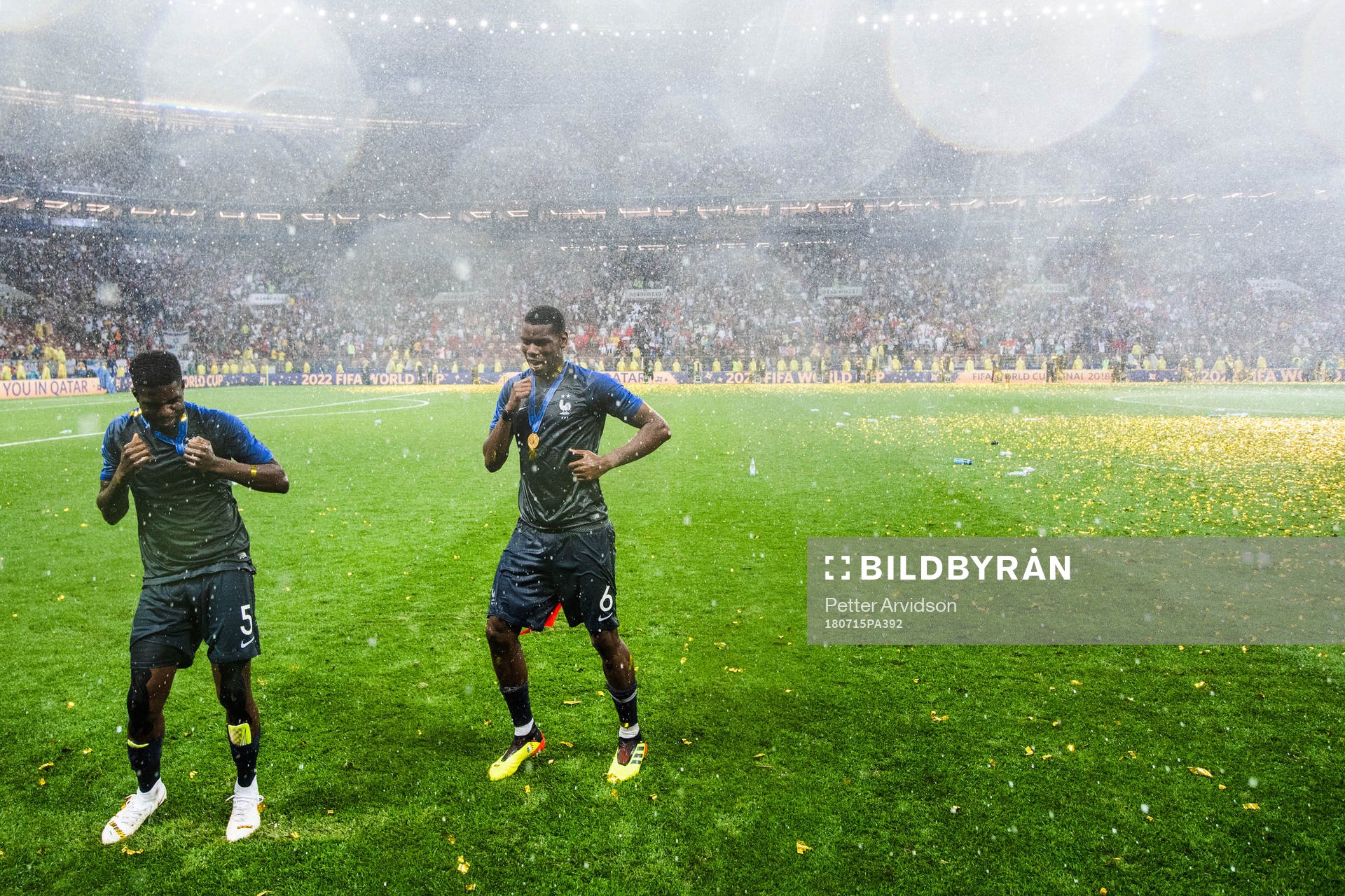 Samuel Umtiti and Paul Pogba of France celebrate