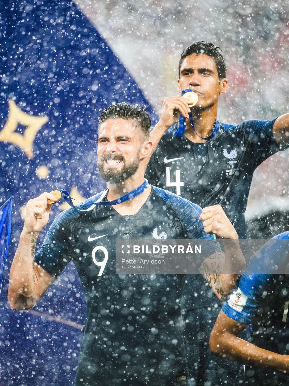 Olivier Giroud and Raphael Varane of France celebrates with