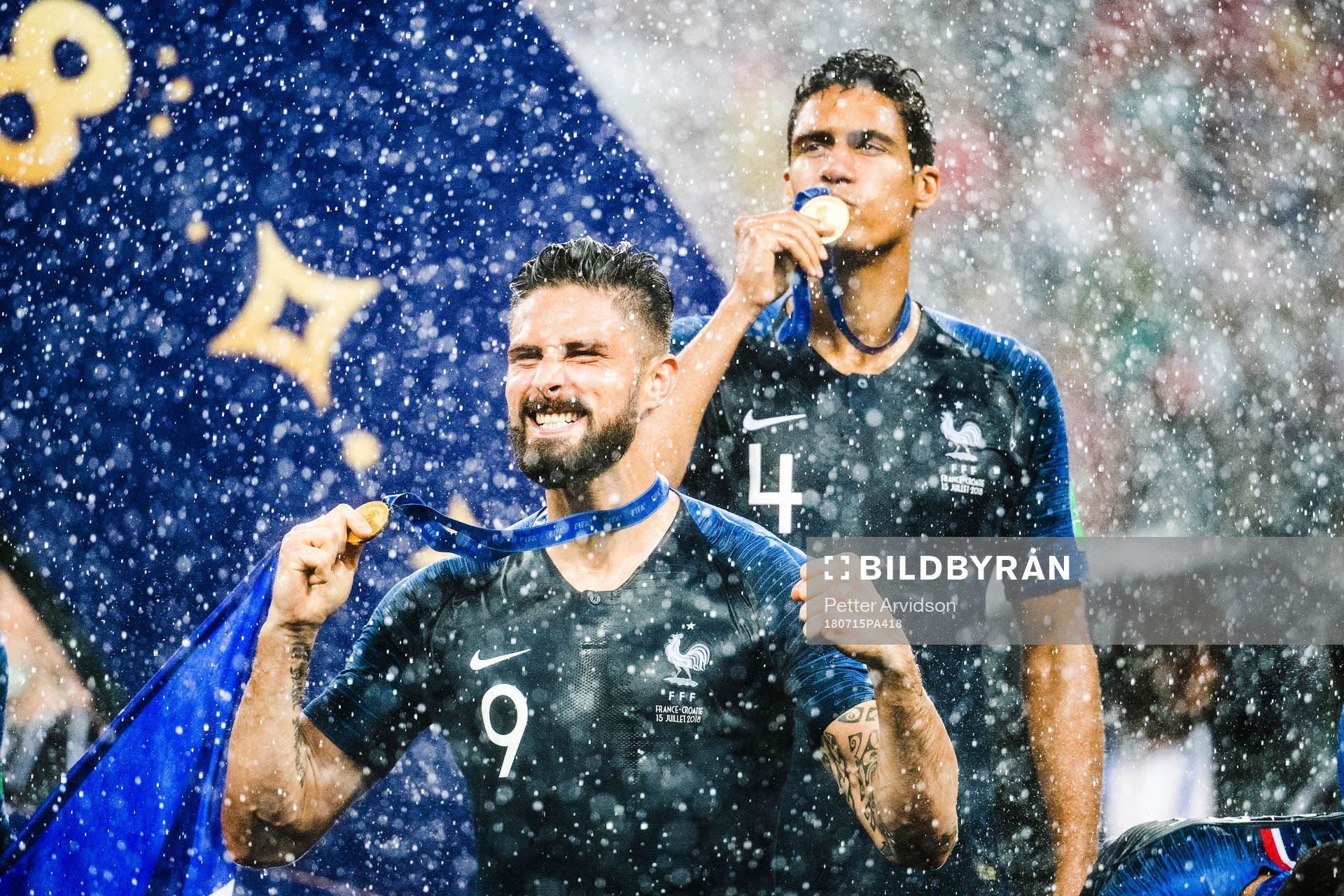 Olivier Giroud and Raphael Varane of France celebrates with