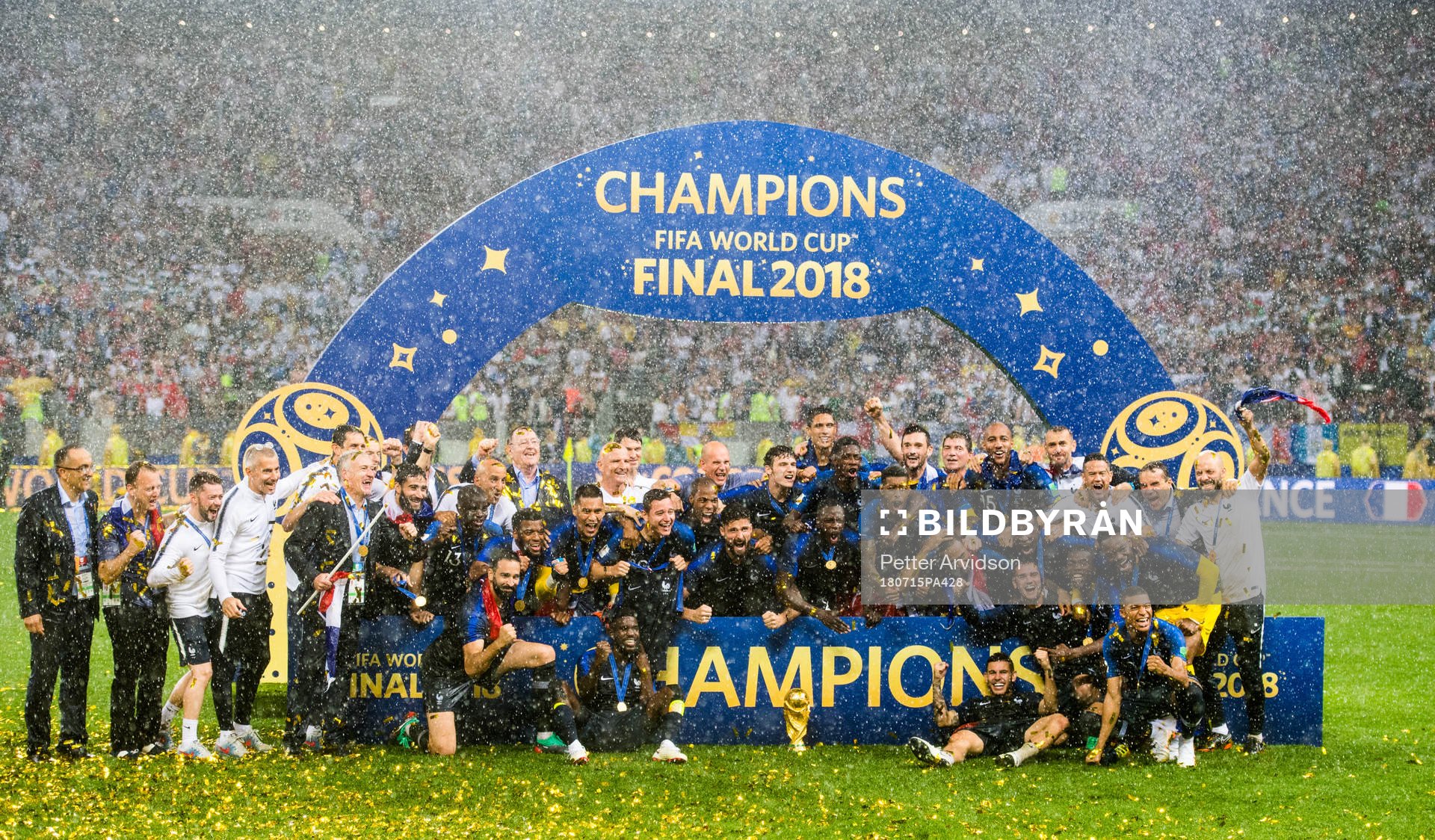 Players of France celebrate with the trophy after winning the FIFA World Cup final match between France and Croatia on July 15, 2018 in Moscow.