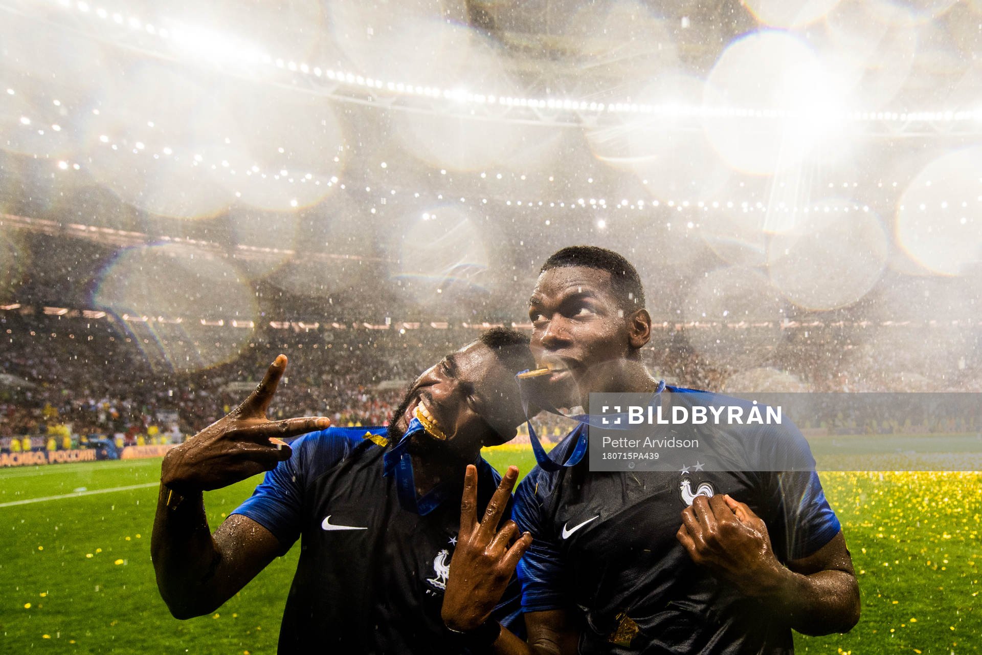 Samuel Umtiti and Paul Pogba of France celebrate after winning the FIFA World Cup final match between France and Croatia on July 15, 2018 in Moscow.