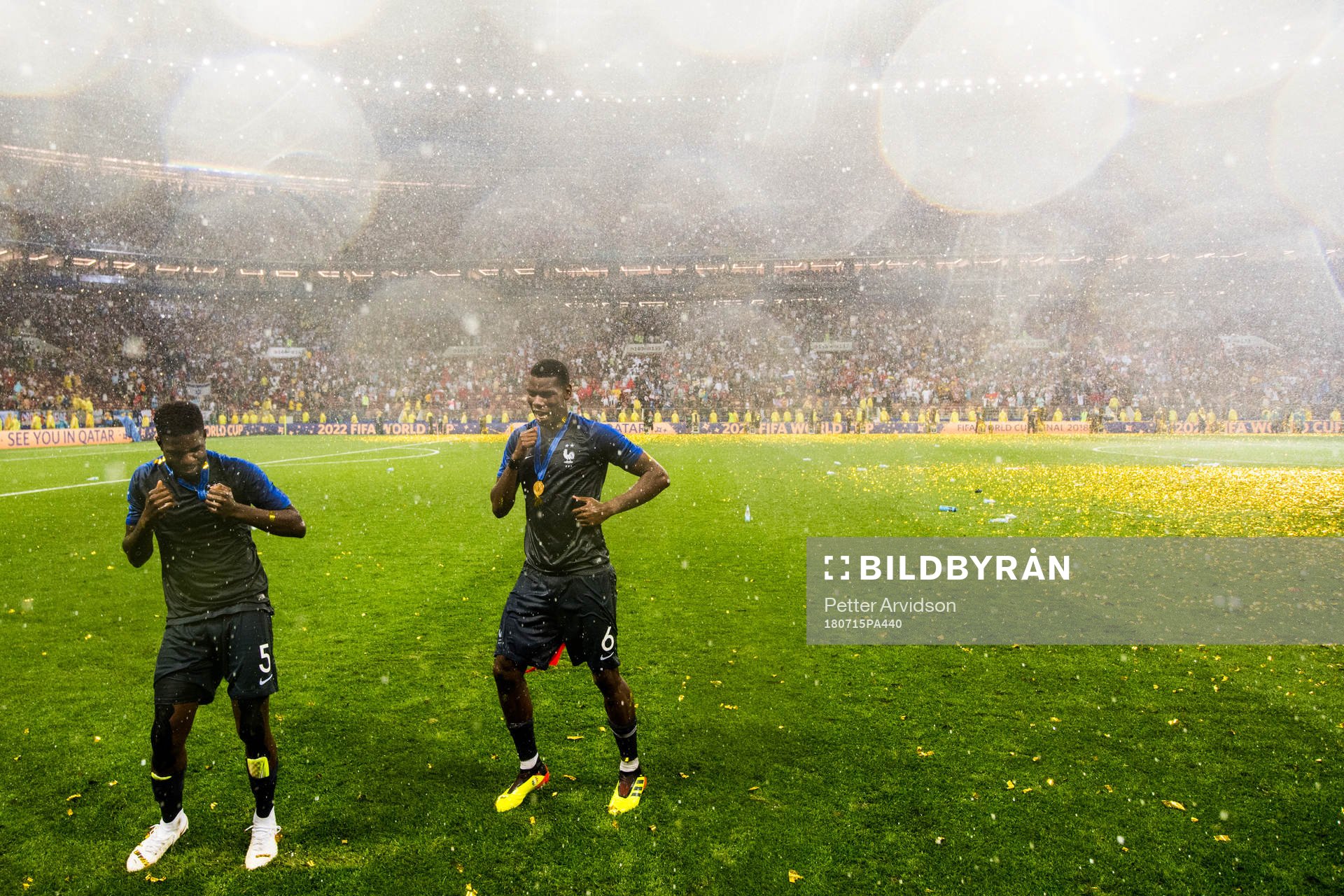 Samuel Umtiti and Paul Pogba of France celebrate