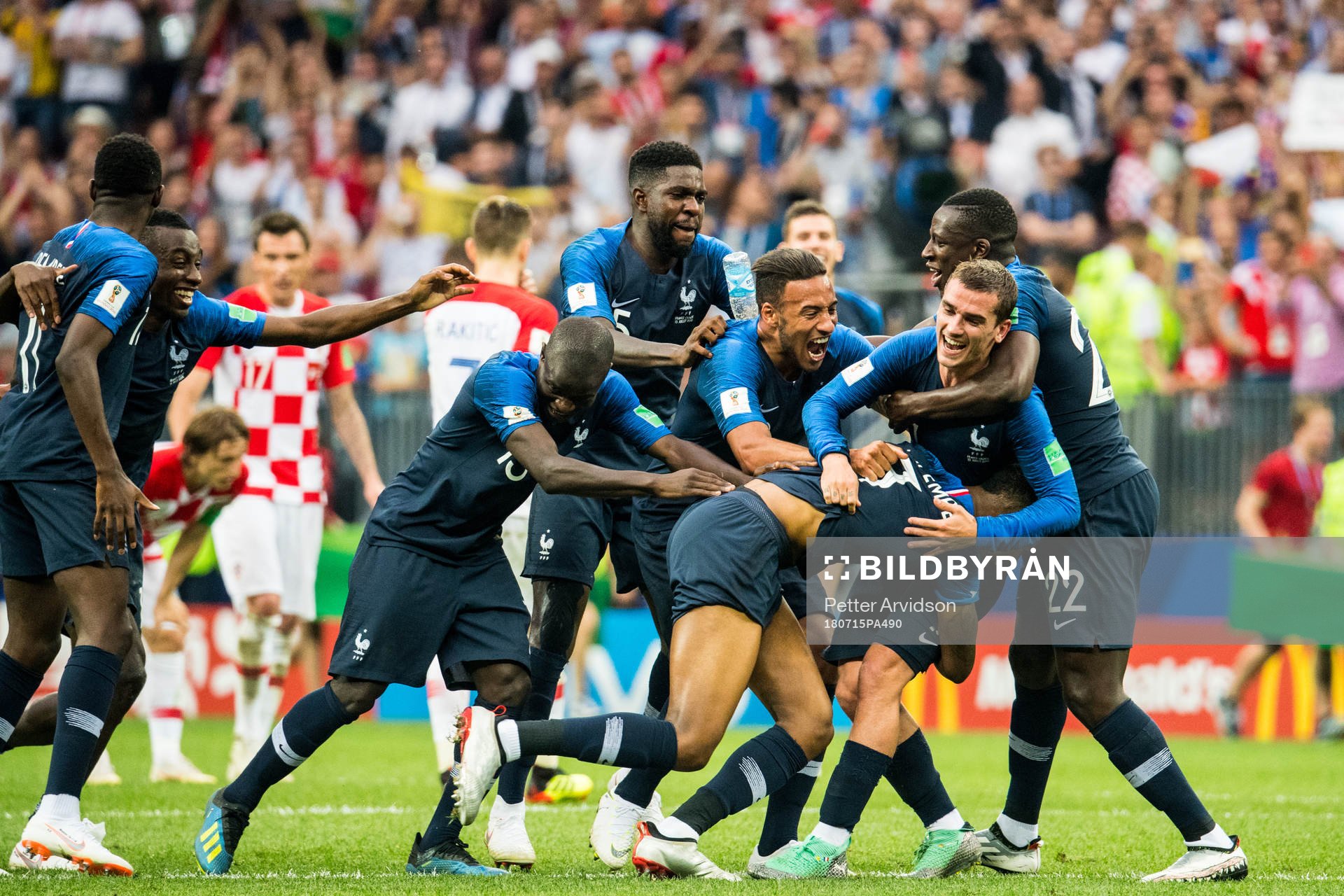Ngolo Kante, Corentin Tolisso, Antoine Griezmann and Benjamin Mendy celebrates after winning the FIFA World Cup final match between France and Croatia on July 15, 2018 in Moscow.