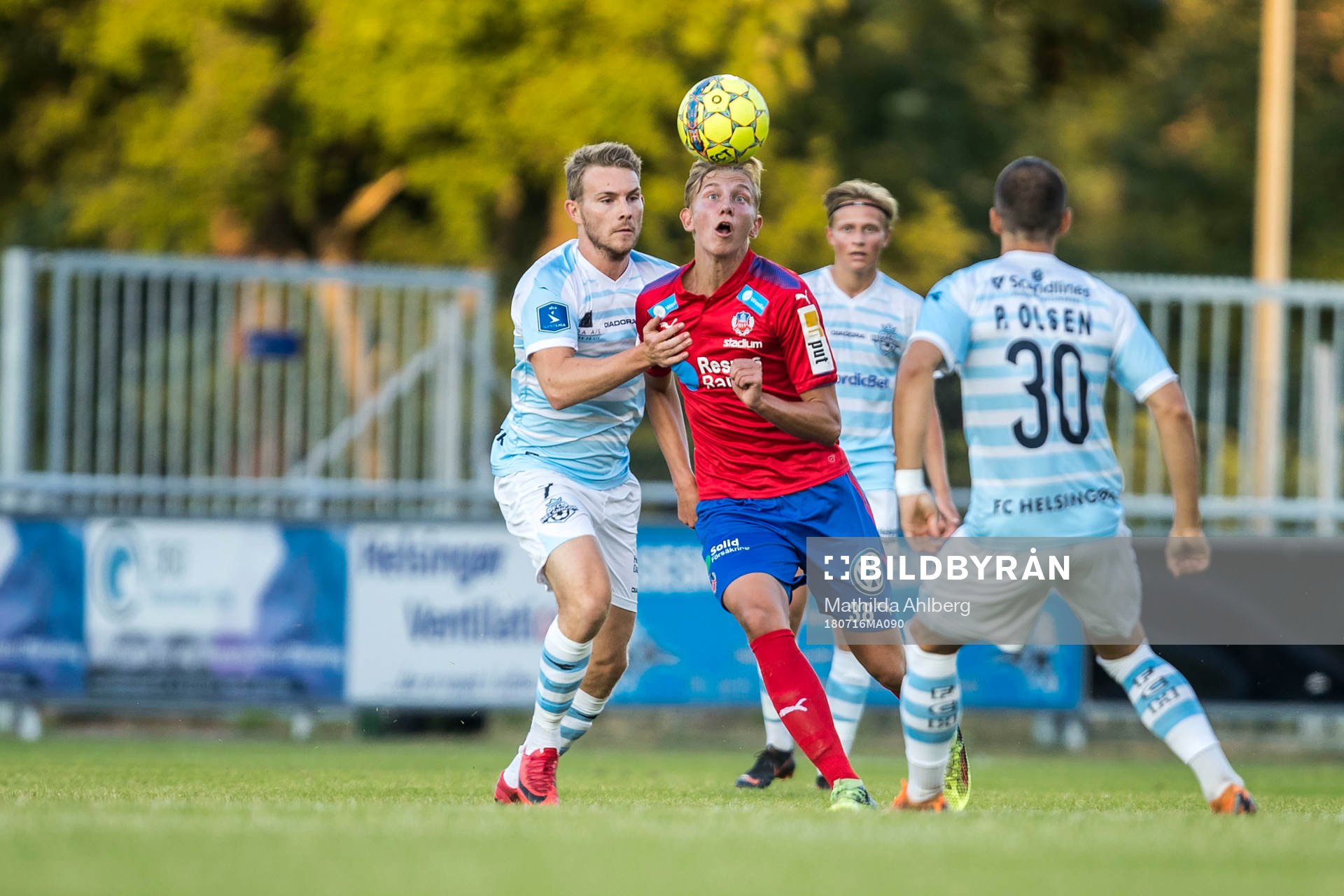 Helsingørs Anders Holst och Helsingborgs Jakob Voelkerling Persson under träningsmatch i fotboll mellan Helsingör och Helsingborg den 16 juli 2018 i Helsingör.