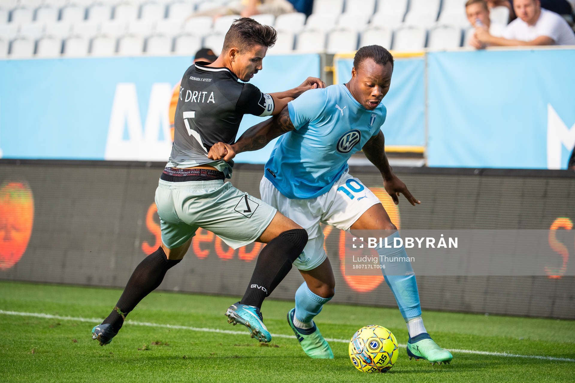 Ardian Limani of Drita competes for the ball with Carlos