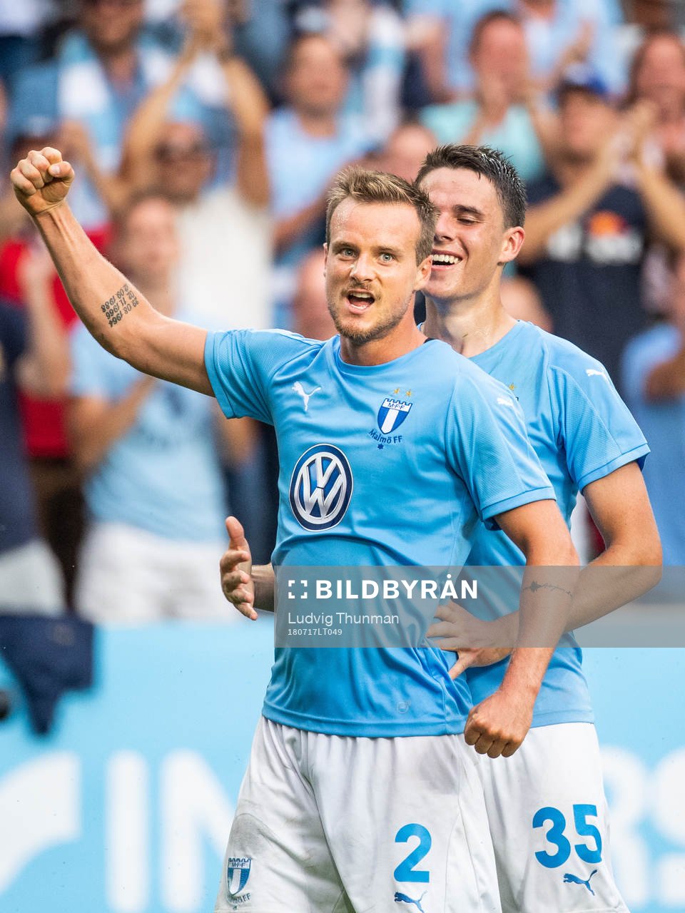 Eric Larsson celebrates with Samuel Adrian of Malmö FF