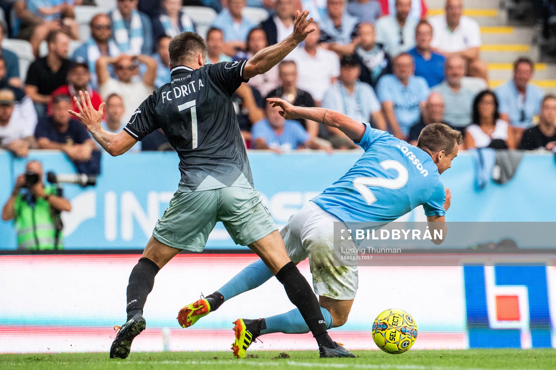 Endrit Krasniqi of Drita tackles Eric Larsson of Malmö FF